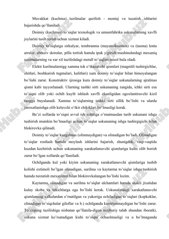 to’siqlar ishga tushirish hamda tuxtatish mexanizmi bilan blokirovkalangan bo’lishi lozim. kaytarma, olinadigan va surilma to’siqlar ulchamlari hamda shakli jixatidan kulay skoba va tukichlarga ega bo’lishi kerak. uskunalardagi xarakatlanuvchi qismlarning xalkalardan o’rnatilgan va yukoriga ochiladigan to’siqlari (kopkoklar, olinadigan to’siqchalar giloflar va b.) ochilganda kimirlanmaydigan bo’lishi zarur. to’siqning tuzilishiga nisbatan qo’llanila-digan majburiy talab shundan iboratki, uskuna xizmat ko’rsatadigan kishi to’siqni ochaolmasligi va u bo’lmaganda texnologik jarayoni amalga oshirish mumkin bo’lmasligi kerak. bir necha kishi xizmat ko’rsatadigan yoki ancha uzun bo’lgan mashinalar apparatlar va boshka texnologik yoxud umumfabrikalarning tushirish ishga tuzilmasi fakat bir joyda - boshkarish pultida esa xar bir ish urniga va xar 4 oralikda o’rnatilishi lozim. uskunalarning zararli gazlar buglar va chang chiqadigan joylari yopiq bo’lishi va havoning tozaligini ta’minlash uchun maxalliy suruvchi tuzilmalar bilan jixozlanishi zarur. texnologik va umumfabrika uskunalarining kuydirishi mumkin bo’lgan kaynok sirtlari issiklikni o’tkazmaydigan qilib ixotalanishi kerak. ishlab chiqarish jarayonlari boshkarish postlari va pultlari doimiy ish urnidan …