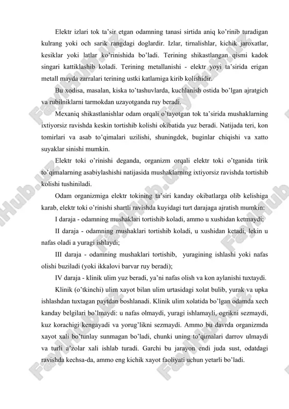 bilan ulim urtasidagi xolat bulib, yurak va upka ishlashdan tuxtagan paytdan boshlanadi. klinik ulim xolatida bo’lgan odamda xech kanday belgilari bo’lmaydi: u nafas olmaydi, yuragi ishlamayli, ogrikni sezmaydi, kuz korachigi kengayadi va yorug’likni sezmaydi. ammo bu davrda organizmda xayot xali bo’tunlay sunmagan bo’ladi, chunki uning to’qimalari darrov ulmaydi va turli a’zolar xali ishlab turadi. garchi bu jarayon endi juda sust, odatdagi ravishda kechsa-da, ammo eng kichik xayot faoliyati uchun yetarli bo’ladi. birinchi navbatda kislorod yetishmasligiga juda sezgir bo’lgan bosh miya kobigining xujayralari ula boshlaydi. ong va taffakur ana shu xujjayralarning faoliyatiga boglik. shu sababli klinik ulimning davom etish vaqti yurakning ishlashi va nafas olish tuxtagan paytdan to bosh miya xujayralari ula boshlaydigan paytga kadar o’tadigan vaqt bilan aniqlanadi. kup xollarda bu vaqt 4-6 mino’t, soglom kishilarda tosodifan elektr toki urishi natijasida ulganda esa 7-8 mino’tni tashkil etadi. biologik (xakikiy) ulim kaytarib bo’lmaydigan xodisa bulib,bunda organizm xujayralari va to’qimalarida biologik jarayonlar …