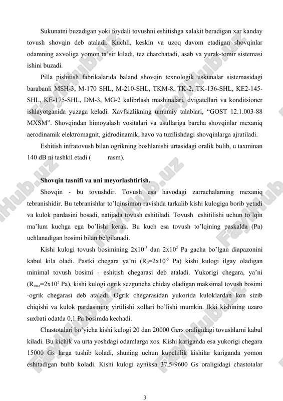 chiqishi va kulok pardasining yirtilishi xollari bo’lishi mumkin. ikki kishining uzaro suxbati odatda 0,1 pa bosimda kechadi. chastotalari bo’yicha kishi kulogi 20 dan 20000 gers oraligidagi tovushlarni kabul kiladi. bu kichik va urta yoshdagi odamlarga xos. kishi kariganda esa yukorigi chegara 15000 gs larga tushib koladi, shuning uchun kupchilik kishilar kariganda yomon eshitadigan bulib koladi. kishi kulogi ayniksa 37,5-9600 gs oraligidagi chastotalar diapazonini yaxshi kabul kiladi. 20 gs dan kichik va 20000 gs dan katta chastotali tovushlar infratovush va ultratovush deyiladi. bu olastlardagi tovushlarni kishi kulogi eshita olmaydi. kishi kulogining eshitish kobiliyatini tovush bosimining absolyo’t uzgarishi bo’yicha emas, balki uning nisbiy uzgarishi bo’yicha olish kabul kilingan. tovush bosimning bunday nisbiy uzgarishi shovqin kuchining boshlangich darajasi (nulevoy uroven) deb ataladi va etalon sifatida kabul kilingan. boshlagich darajada (etalon) qilib tebranish chastotasi 1000 gs, tovush bosimi 2x10-5 pa kabul kilingan. bu eshitish kobiliyati normal bo’lgan kishilardagi eshitish chegarasi bilan mos keladi. bu …