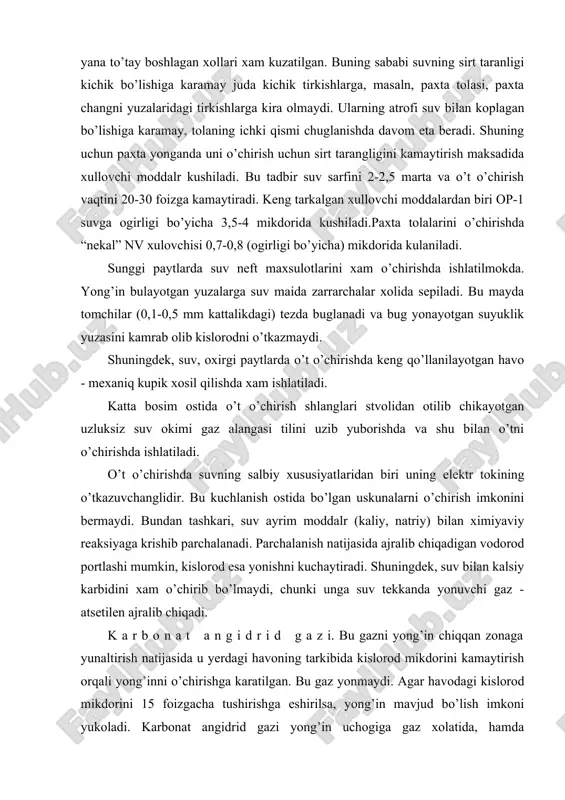 lashi mumkin, kislorod esa yonishni kuchaytiradi. shuningdek, suv bilan kalsiy karbidini xam o’chirib bo’lmaydi, chunki unga suv tekkanda yonuvchi gaz - atsetilen ajralib chiqadi. k a r b o n a t a n g i d r i d g a z i. bu gazni yong’in chiqqan zonaga yunaltirish natijasida u yerdagi havoning tarkibida kislorod mikdorini kamaytirish orqali yong’inni o’chirishga karatilgan. bu gaz yonmaydi. agar havodagi kislorod mikdorini 15 foizgacha tushirishga eshirilsa, yong’in mavjud bo’lish imkoni yukoladi. karbonat angidrid gazi yong’in uchogiga gaz xolatida, hamda suyo’tirilgan karbonat angidridli o’t o’chirgich xolatida berilishi mumkin. suyo’ltirilgan karbonat angidridli o’t o’chirgichda u havo bilan reaksiyaga kirishib minus 700s xaroratli korsimon modda xosil kiladi, bu yonayotgan buyumlar yuzasini yaxshi sovo’tadi. i n ye r t g a z l a r. yong’inni o’chirishda inert gazlar - azot va argon gazlari xam ishlatiladi. ular xam karbonat angidrid gazi singari havodagi kislorod mikdorini aralashtirib kamaytiradi …