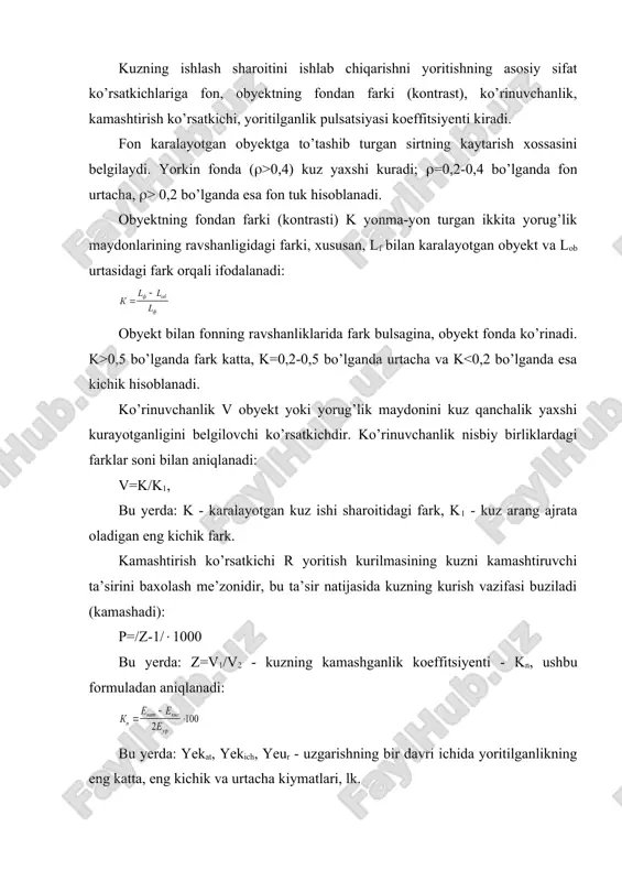 ishiga sabab bular ekan. yoritilganlik yetarli bo’lmasa yoki u ratsional joylashtirilmasa, mashinaning xavfli qismlarini sezmay kolishi natijasida baxtsiz xodisalar sodir bo’lishi mumkin. meyoriy yoritilganlik mexnat unumdorligini oshishiga va maxsulot sifatini yaxshi bo’lishiga olib keladi. yoritish turlari, sistemalari va ularning tasnifi. ish joylarining yoritilishi asosan kuyidagi sxema bo’yicha amalga oshiriladi: ishlab chiqarishda yoritilishning turlari va sistemalari. ma’lumki, tabiiy yorug’lik manbai kuyoshdir. sun’iy yorug’lik manbai esa elektr energiyasi bulib, u chuglanma lampalari va lyuminessent lampalar orqali amalga oshiriladi. tabiiy yorug’lik binoning yon tomonidan (derazalardan), yukoridan (bunda yorug’lik shedler yoki zenit fonarlari orqali) va kombinatsiyalashtirilgan, ya’ni yukoridan xam yon tarafdagi derazalar orqali yoritiladi. sexlar kunduz kuni odamga yokimli va foydali bo’lgan tabiiy yorug’lik bilan yoritilishiga aloxida axamiyat berish kerak. korxonalarda ish ikki, uch smenali yoki sexlarning ulchamlari katta bo’lganda to’qimachilik korxonalariga xos sun’iy yoritish qo’llaniladi, chunki bunday katta sexlarda tabiiy yorug’lik bilan bo’tun sex bo’yicha yetarli va bir tekis yoritilishni ta’minlash mumkin emas. …
