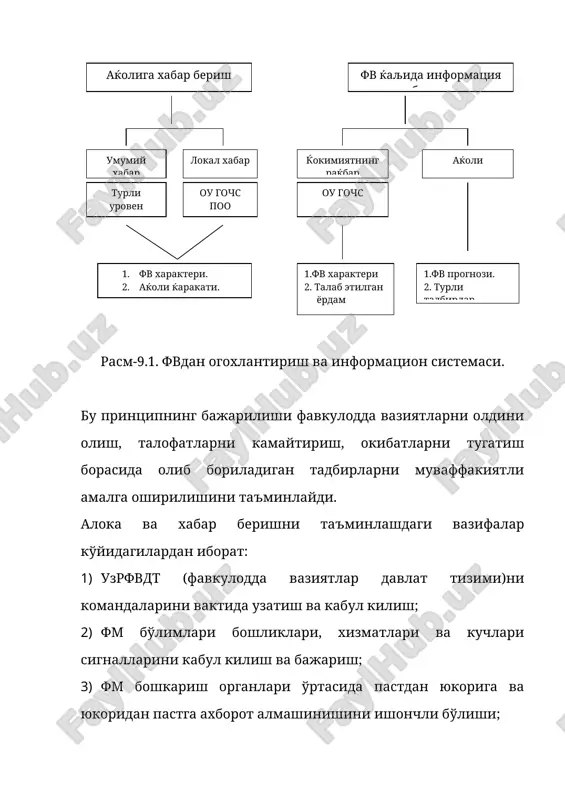 азирлиги, фм бошликлари ва хокимлар буюртманомаларига кўра фв дан мухофаза килиш масалаларига оид телекурсатувлар ва радиоэшиттиришлар ташкил этиш; согликни саклаш вазирлиги ва кизил ярим ой жамияти билан ўзаро ва ўз ўзига ёрдам кўрсатишга ўкитиш бўйича эшиттиришлар ташкил этиши; 3) узбекистон согликни саклаш вазирлиги: фвдт бошкарув органлари ва ахолини фв зоналаридаги санитария эпидемиологик ахвол тўгрисидаги ахборот билан таъминлаш ишларини бошкаради; 4) узбекистон республикаси кишлок ва сув хўжалиги: гидротехник иншоотлардан файдаланиш хавфсизлигини, уларда авариялар ва халокатлар юзага келиши эхтимолини башоратлайди; фв вазирлигини, тегишли вазирликларни, хокимларини фв зоналаридаги санитария-ветеринация ва агрокимёвий ахвол, кутилаётган тошкинлар ва халокатли сув босишлар тўгрисидаги ахборот билан таъминлаш; сув хўжалиги объектларининг иш режимини ўзгартиришни белгилайди, уларда сигнализация ва хабар беришнинг автоматик тузилмаларини яратади; 5) узбекистон республикаси энергетика ва электрлаштириш вазирлиги: сув омборларида сигнализация ва хабар килишнинг автоматик тизимини яратиш, фвдт бокарув органларини ўз тассаруфидаги объектларида юзага келган фв тўгрисидаги ахборот билан таъминлаши; 6) узбекистон республикаси давлат табиатни мухофаза килиш …