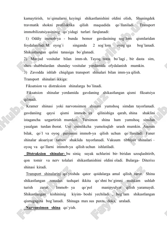 ing yuqori sathi, barmoqlarninig uchlari shinaning pastki sathi hisoblanadi. boldir shikastlanganda uchala tomondan fiksatsiya qilgan yahshi: bitta shianni boldir va oyoq panjasi barmoqlari uchininig orqa sathidan sonning uchdan bir qismigacha , boshqa ikkitasini boldirning yon tomonlari bo`ylab fiksatsiya qilinadi. bunda shinalarning oyoq kaftlariga tegib turadigan qismini boldir- panja bug`imini birmuncha mustahkamlash uchun uzangi ko`rinishida qayriladi. derixs shinasini qo`yish. shinaning oyoq kaftiga mos keladigan qismini oyoq panjasininig kaft qismiga bint bilan fiksatsiya qilinadi. birmuncha uzun tashqi qismini qo`ltiqdan boshlab qo`yiladi va oyoq qismiga metall halqaga kiritilib, undan 8- 10 sm tashqariga chiqarib qo`yiladi. suyak chiqishi. suyak chiqishi deganda bir yoki bir nechta suyaklarning buzilishidan bug`im yuzasiniing patologik siljishi, ularning normal anatomik uzaro munosabatlarning buzilishi tushunilishi. suyaklarning to`la va chala chiqishi tafovut qilinadi: suyak chiqishining qo`yidagi turlari ma`lum: 1) shikastlanish oqibatida yuz bergan travmatik chiqishi. 2) boylam apparati va suyaklarning boylam uchlari zararlanishi bilan bog`liq bulgan kasalliklarda sodir bo`ladigan patalogik chiqishi. 3) …