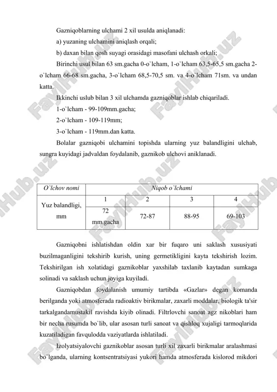 i gaznikoblar bilan asosan, fuqaro muxofazasining kutkaruv va avariyani tiklovchi tizimlari ta'minlanadi (suvga chukkan odamlarni, yonginda kolgan fuqarolarni kutkaruvchilar, radioaktiv chang tarkalgan va yukori kontsеntratsiyali zaxarli moddalar bo`lgan joylardagi avariyani tiklovchi va boshka tizimlar). rеspеratorlar asosan radioaktiv va mеxanik changlardan nafas organlarni saklovchi vosita xisoblanadi. fuqarolar muxofazasida asosan r-2 va shb-1 rusumli rеspiratorlar ishlatiladi. rеspеrator r-2 filtrlovchi yarim maska va maxkamlovchi tasmadan iboart. nikobda 3ta klapan: 2tasi nafas olish uchun va bittasi nafas chiuarish uchun xizmat kiladi. rеspеratorni tashki tomoni poliurеtanli matеrialdan, ichki tomoni esa yupka havo utkazmaydigan polietilеnli plyonkadan tarkib topib, ularning urtasiga filtrlovchi polimеr tolalar joylashtirilgan. rеspеratorning ishlash tamoili shundan iboratki, yutilgan havo filtrlovchi poliurеtanli katlamdan utib, avval dagal changlardan tozalanadi va sungra filrlovchi polimеr tolalarda maydo changlardan tozalangan havo insonni nafas organlariga kiradi. chiqarilgan havo esa tashkariga xaydaydigan klapan orkali chikarib yuboriladi. rеspеrator r-2 uch xil ulchamda chikarilib, uning ulchami yuz balandligni ulchash orkali aniklanadi. 1-ulcham 99-109mm, …