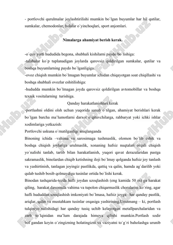 dir bol`gandan keyin o`zingizning holatingizni va vaziyatni to`g`ri baholashga urunib ko`ring. harakatlanishni imkoni bo`lsa, sharoitga qarab hafsiz joyga chiqishning ilojini qidiring. qimirlashning iloji bo`lmasa, ortiqcha vahima va sarosimaga tushmasdan sabir bilan yordam kuting, albatta yordam berishadi. terrorchilik harakatlarining ikkinchi bir turi talaba va o`qituvchilarni garovga olish – terrorchilik tomonidan amalgam oshirilayotgan usul sifatida tez-tez takrorlanmoqda. bunday terrorchilik aktini oldini olsh, sodir bo`lishga yo`l qo`ymaslikjuda qiyin masala, chunki ular kim tomonidan, qachon, qanday va qayerda amalgam oshiriladi, hech kim bilolmaydi hamda bo`nday voqealar bo`lmaydi deb hech kim kafolat bera olmaydi. shu sababli o`quv yurti talabalari uchun shinday ofat jarayonida o`zini tutish va hatti -harakatlarining umumiy qoidalarini tavsiya qilish mumkin. ular qo`yidagilar: -terrorchilar bilan iloji boricha muloqat qilmaslik, gaplashmaslik (faqat o`qituvchilar va kattalar orqali); -boshqalardan ajralib turiladigan harakatlar, xaqorat so`zlar-umuman, terrorchilarning g`ashiga tegadigan, g`azabini kuzatadigan yoki ahamiyatini tortadigan harakatlar va so`zlarga yo`l qo`ymaslik; -bunday xollarda ishonchli vosita –vaqtini chuzishga harakat qilish, chunki …