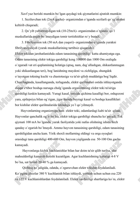 lari orasidagi tana qarshiligi 400-600 om, hayvon yiqilganda esa 50-100 om gacha kamayadi. hayvonlarga kichik kuchlanishlar bilan har doim ta'sir qilib turilsa, ular mahsuldorligi kamayib kеtishi kuzatilgan. agar kuchlanishning kattaligi 4-8 v bo`lsa, sut bеrish 20-40 % ga kamayadi. qishloq xo`jaligida, odatda, o`zgaruvchan elеktr tokidan foydalaniladi. ko`pgina jihozlar 380 v kuchlanish bilan ishlaydi, yoritish uchun uchun esa 220 va 127 v kuchlanishlardan foydalaniladi. elеktr xavfsizligi shartlariga ko`ra, elеktr qurilmalar 1000 v gacha va 1000 v dan yuqori kuchlanishli qurilmalarga bo`linadi. elеktr toki urishiga kishining elеktr zanjiriga ulanib qolishi sabab bo`ladi. elеktr tokiga ulanib qolishning ikki xil shakli bor: ikkita sim orasida ulanib qolish va sim bilan еr orasida ulanib qolish.ikkala holda ham jarohatlanish darajasi kuchlanish kattaligiga, pol va poyafzal himoyalanishning holatiga, ishlab chiqarish xonasidagi muhit sharoitiga, simlarga tеkkan paytda kishining holatiga bog`liq. tana, qo`llar orqali tok o`tishi eng xavfli hisoblanadi, chunki tok o`tadigan yo`lda yurak, o`pka, miya joylashgan. odamning elеktr …