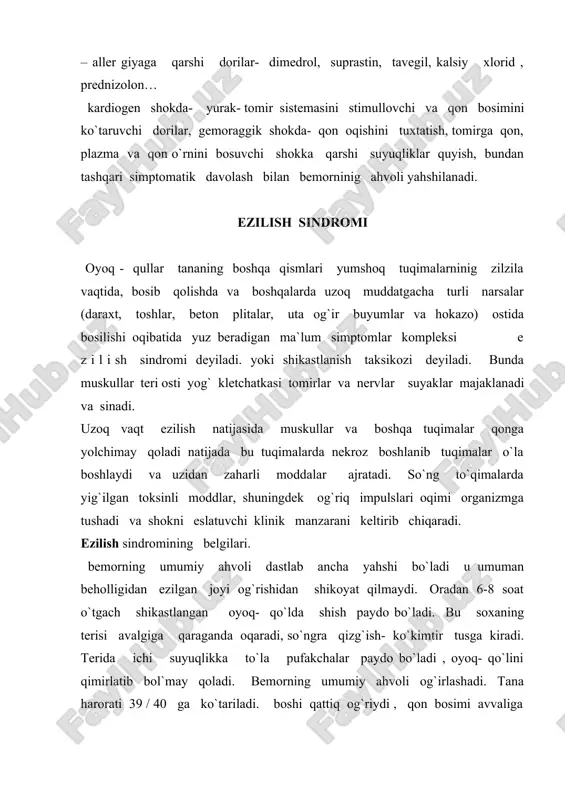 r turlari qo`yidagilar: termik: - issiq suvdan, olovdan, cho`g`dan, bug`dan kimyoviy:- kislota va ishqorlardan , uksus essentsiyasidan nur energiyasi va elektr tokidan kuchli kuyishlarda bemorda jiddiy umumiy buzilishlar kuzatiladi va kuyish kasalligi rivojlanadi. utkir kuyishda kasallikning kechishi shok, toksemiya, septiko - toksemiya va rekonvalestsensiya davrlari farq qiladi. shok davri - kuyishda travmatik shokni eslatadi, biroq u organizmni yaqqol intoksikatsiyasi va plazma yuqotilishi hisobiga birmuncha og`ir kechadi. travmatik shokdagi singari bemor erektil bosqichida qo`zg`algan bo`ladi , qon bosimi oshib, pulsi tezlashadi. toptid bosqichida hayotiy jarayonlar keskin pasayib ketadi: bemor harakatsiz, tana harorati va qon bosimi pasaygan , terisi oqargan, yuz qoyifasi jiddiylashgan, akrotsianoz paydo bo`ladi. siydik ajralishi kamayib, to`liq anuriyaga boradi. toksemiya davri- kuyishdan keyin bir necha soat utgach boshlanadi. kuygan yuzada kup miqdorda plazma yuqotilishi bilan birga zaharli moddalarning surilishi boshlanadi. bu davrda bemorning ahvoli nihoyatda og`ir, harorati juda yuqori, ishtahasi va uyqusi buzilgan, qusadi, ichi kelmaydi. qon quyuqlashgani sababli …