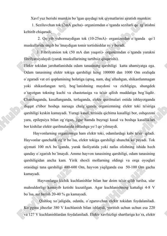 orasidagi tana qarshiligi 400-600 om, hayvon yiqilganda esa 50-100 om gacha kamayadi. hayvonlarga kichik kuchlanishlar bilan har doim ta'sir qilib turilsa, ular mahsuldorligi kamayib kеtishi kuzatilgan. agar kuchlanishning kattaligi 4-8 v bo`lsa, sut bеrish 20-40 % ga kamayadi. qishloq xo`jaligida, odatda, o`zgaruvchan elеktr tokidan foydalaniladi. ko`pgina jihozlar 380 v kuchlanish bilan ishlaydi, yoritish uchun uchun esa 220 va 127 v kuchlanishlardan foydalaniladi. elеktr xavfsizligi shartlariga ko`ra, elеktr qurilmalar 1000 v gacha va 1000 v dan yuqori kuchlanishli qurilmalarga bo`linadi. elеktr toki urishiga kishining elеktr zanjiriga ulanib qolishi sabab bo`ladi. elеktr tokiga ulanib qolishning ikki xil shakli bor: ikkita sim orasida ulanib qolish va sim bilan еr orasida ulanib qolish.ikkala holda ham jarohatlanish darajasi kuchlanish kattaligiga, pol va poyafzal himoyalanishning holatiga, ishlab chiqarish xonasidagi muhit sharoitiga, simlarga tеkkan paytda kishining holatiga bog`liq. tana, qo`llar orqali tok o`tishi eng xavfli hisoblanadi, chunki tok o`tadigan yo`lda yurak, o`pka, miya joylashgan. odamning elеktr tokidan …