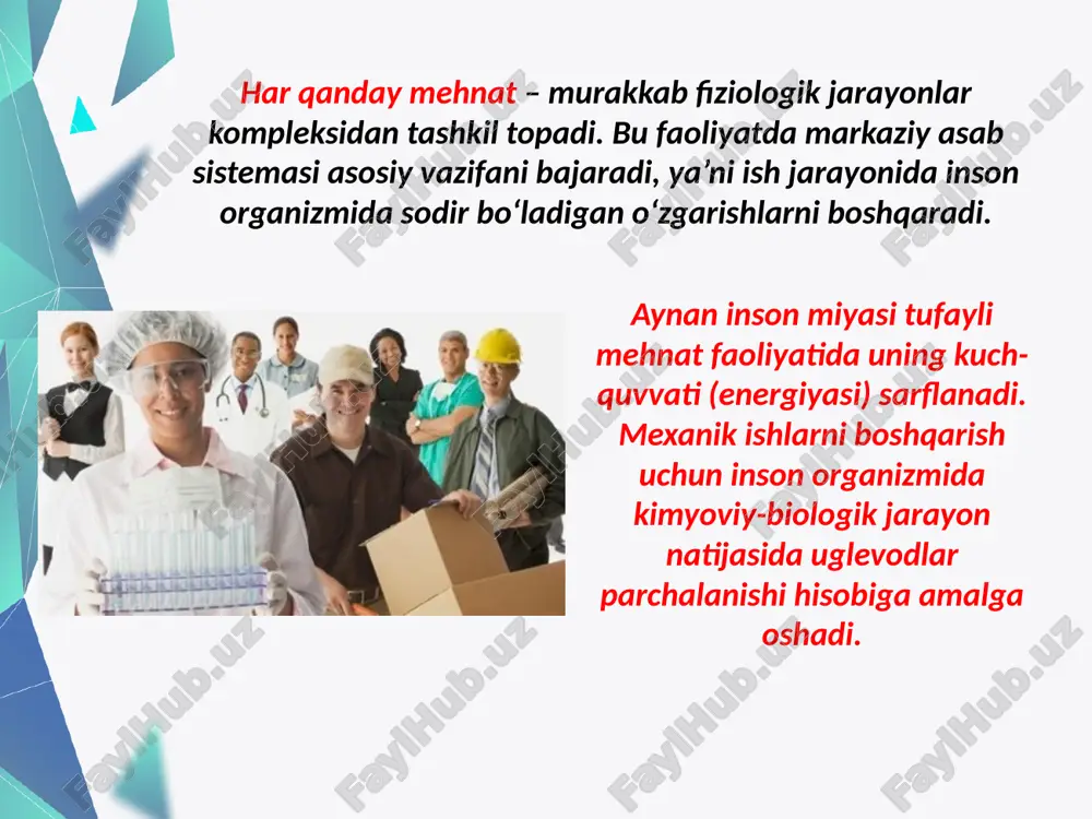 lar, yo‘l qo‘yiladigan oxirgi darajadan (yqod) yuqori qiymatga ega bo‘lgan ishlab chiqarish mikroiqlimining gigiyenik me’yorlari, shovqinlar, titrashlar, yoritilganlik, elektr va magnit maydonlari va boshqa ta’sirlar kiradi. zaharli omillarning inson tana a’zolariga o‘z-o‘zidan o‘tishi yoki a’sir etishi va tanada yig‘ilishi natijasilda kasb kasalliklari kelib chiqadi. masalan, ishlab chiqarish changlari pnevmokomioz kasalliklaridan tashqari teri kasalliklarini ham keltirib chiqaradi. xavfli va zararli omillar ta’siridagi zararlar deb, ish unumdorligining pasayishi, zaharlanish va kasb kasalliklarining paydo bo‘lishi, kasallanishning ortib ketishi hamda vaqtinchalik mehnat faoliyatining yo‘qotilishi va boshqa salbiy oqibatlarga olib kelishiga aytiladi. ishlab chiqarish muhitidagi xavfli va zararli omillar 4 guruhga bo‘linadi 4. psixofiziologik. 1. fizikaviy 2. kimyoviy. 3. biologik ishlab chiqarishdagi zararlar deb, ish unumdorligining pasayishi, zaharlanish va kasalliklarning paydo bo‘lishi, kasallanishning ortib ketishi va vaqtinchalik mehnat faoliyatining yo‘qotilishi va boshqa salbiy oqibatlarga olib kelishiga aytiladi. xavfli va zararli omillarning quyidagi turlari mavjud: kimyoviy (zaharli moddalarning paydo bo‘lishi va ularning inson organizmiga salbiy ta’sir …
