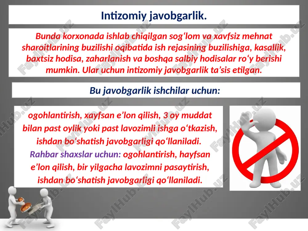 yatga ega. umumiy norma qoidalarga «qurilish norma va qoidalari» (snip), «sanoat korxonalarini loyihalash sanitar normalari» (sn-245-71), «nurlanish xavfsizligi qoidalari» (nrb 78), «elektrotexnik moslamalar tuzilishi qoidalari» (pue), «portlashdan himoyalangan elektr uskunalarini tanlash qoidalari» (pivre), «bosim ostida qo‘llaniladigan idishlarning tuzilishi va xavfsizligi qoidalari» va boshqalar. mxst – bu, mehnat jarayonida insonning sog‘lig‘ini va ish qobiliyatini saqlashga, xavfsizligini ta’minlashga yo‘naltirilgan talablar, me’yorlar va qoidalarni o‘z ichiga olgan o‘zaro bog‘liq standartlar majmuasidir. u 5 turga bo‘linadi: 1. tashkiliy-uslubiy standartlar – gost 0.001-82, gost 12.0.002 - 74, gost 12.0.003-74, gost 12.0.003 - 79. 2. ishlab chiqarishdagi zararli, xavfli birliklarga talab va normalar standartlari – gost 12.0.003-74. 3. ishlab chiqarish uskunalariga xavfsizlik talablari standartlari – gost 12.2.003-74.4. 4. ishlab chiqarish jarayonlari xavfsizligi talablari standartlari – gost 12.3.003-74.5. 5. ishchilarning himoya vositalariga bo‘lgan talablari davlat standartlari – 12.4.001-74.1973 yildan e’tiboran 300 dan ziyod standartlar tasdiqlanib, ishlab chiqarishga joriy etildi. хavfsizlikni ta’minlashga oid tadbirlarini rejalashtirish. mehnat muhofazasiga oid …