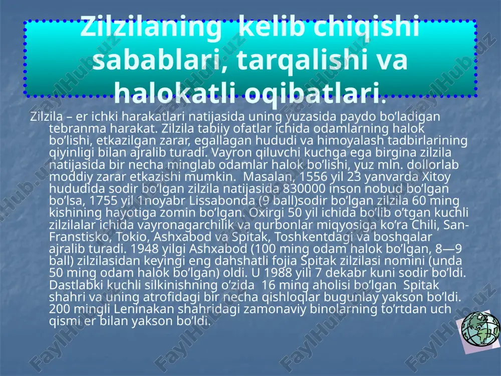 sidagi uning ta’sir kuchi odatda ballarda baholanadi. quyida shu nisbiy seysmik shkalani ba’zi o’zgarishlar bilan bayon etamiz: respublikamizda va juda ko’p davlatlarda zilzila kuchi 12 balli shkala asosida baholanib, har bir ballga ega bo’lgan zilzila o’z tafsilotiga ega. bundan tashqari baholashda 8 balli rixter seysmik shkalasidan ham foydalanadi. bizda asosan 2 turdagi er qimirlashi kuzatilgan: uzoq davrli 1,5-2,5 daqiqa davom etadigan; yuqori chastota tebranishli 1,5-2,5 soniya davom etadigan. 1 ball – sezilarsiz. faqatgina seysmik asboblargina qayd qiladi. 2 ball - juda kuchsiz. uy ichida o’tirgan ba’zi odamlar sezishi mumkin (deraza oynalari titraydi). 3 ball – kuchsiz. ko’pchilik odamlar sezmaydi, ochiq havodatinch turgan odam sezishi mumkin. osilgan jismlar asta-sekin tebranadi. 4 ball - o’rtacha sezilarli. ochiq havoda turgan odamlar va bino ichidagi kishilar sezadi. uy devorlari qirsillaydi. ro’zg`or anjomlari titraydi, osilgan jismlar tebranadi. 5 ball - ancha kuchli. hamma sezadi, uyqudagi odam uyg`onadi. ba’zi odamlar hovliga yugurib chiqadi. suyuqlik chayqalib to’kiladi, …