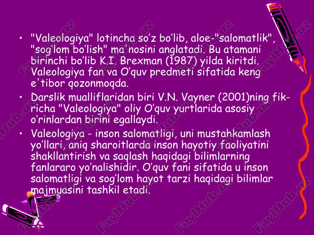 kiradi: peda-gogik kuzatish, pedagogik eksperiment, ilg’or pedagogik tajri-balarni o’rganish va o’zlashtirish, tadqiqotning ijtimoiy usul-lari (anketa, reyting), matematik statistika usullari, pedagogik g’oyalarni nazariy tahlil qilish usuli va jismoniy rivojlanishni baholash usullari. har bir usul mohiyatini qisqacha ko’rib chihamiz. jismoniy ahvolni axborot texnologiyalardan foydalanib baholash usuli: jismoniy ahvol bo’yicha ma'lumotlarning yurak ritmi monitorining; interfeys va dasturiy ta'minotning; tanadagi yog’ massalari tarozi-analizatorlarining telemetrik kompyuter kompleksi tizimi. valeologiyaning tadqiqot usullari salomatlikni saqlash "jismoniy rivoj-lanish" deganda maxsus tashkil etilgan tarbiya ta'sirida inson salomatligini saqlash va mustahkamlash jarayonida ro’y berayotgan sifat o’zgarishlar tushuniladi. shuning uchun jismoniy yetuklik nafaqat jismoniy tayyorgarlik ko’rsatkichlari, balki jismoniy rivojlanish, organizmning funksional va jismoniy ahvoli haqidagi ma'lumotlar bilan ham belgilanadi. tarbiyaviy-sog’lom-lashtirish jarayonini to’liq xarakterlash uchun har bir pedagog tibbiy-biologik tekshirishlardan foydalanishi kerak. jismoniy yetuklikka erishish jarayonida jismoniy rivojlanish, gavda tuzilishi, yurak-qon tizimining funksional holatini nazorat qilish lozim nazorat ishlari shug’ullanuvchining kuchli va zaif tomon-larini aniqlash; qo’llanilayotgan jismoniy mashqlarning afzal-liklari va kamchiliklarini topish; …