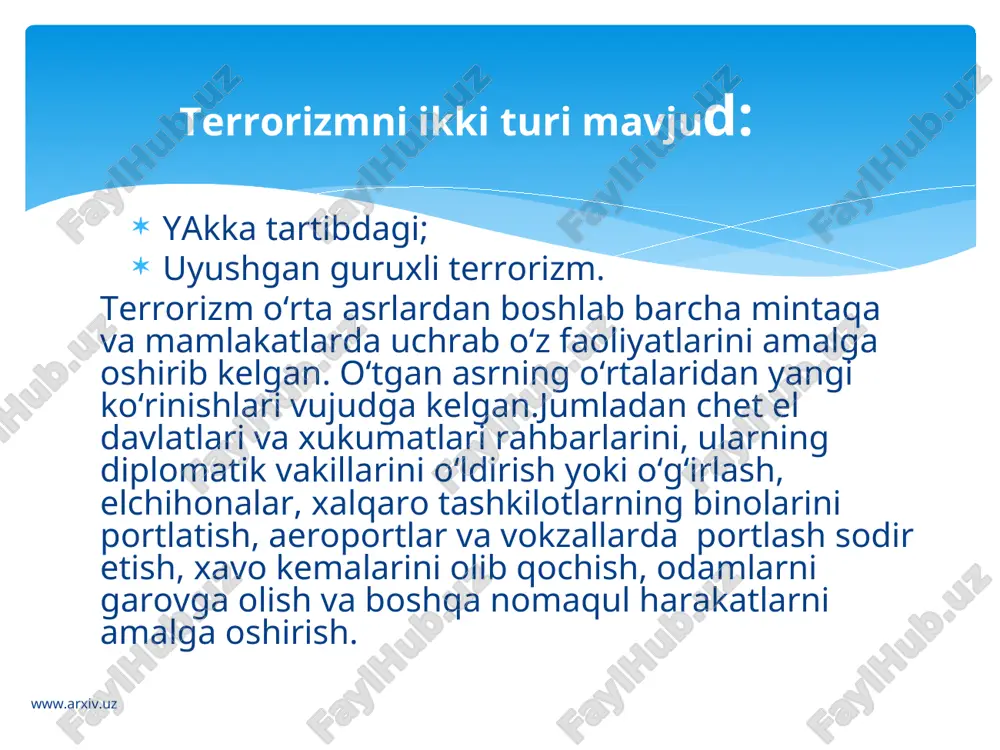 rashish, afg‘onistondagi murakkab vaziyat xususida o‘zbekiston respublikasi prezidenti i.a.karimov xalqaro jamiyatga tinmay murojat qilib kelgan edi. chunki, sobiq sssr parchalanish natijasida siyosiy kuchlarning jahoniy qarama-qarshiligi barham topgan bo‘lsada dunyoda tinchlik, barqarorlik xali mo‘rt, murakkab va muammoli bo‘lib qolaveradi. xxi asr bo‘sag‘asida dunyoda uning geografik, siyosiy tuzilishida tub o‘zgarishlar yuz berish munosabatida endilikda mamlakat xavfsizligi eng dolzarb masalaga aylanganligini o‘quvchi yoshlar bilib olishi lozim. prezidentimiz i.a.karimov - «bundan buyon ham tashvishli xodisalar bizni chetlab o‘z yo‘lidi rivojlanaveradi, barqarorlik o‘z-o‘ziga saqlanaveradi, mamlakatning kelajagi esa o‘z-o‘zidan tahminlangan deya fikr yuritishni ham siyosiy, ham fuqaroviy kaltabinlikdan boshqa narsa emas deb hisoblaymiz» -deya o‘rinli tahkidlaydi. www.arxiv.uz www.arxiv.uz 11 sentyabrdagi qonli terrorchilikdan keyin aqsh xalqaro xamjamiyatga murojat qilib, har bir mamlakatdan terrorga munosabatini belgilashni va uni ehlon qilishni so‘radi. ushbu masalada «siz yo biz bilan, yo biz bilan emassiz» degan qathiy fikr hatto ulg‘timativ tarzda qo‘yildi. amerika qo‘shma shtatlarining bu chaqirishni yuzdan ortiq mamlakatlar qo‘llab – …