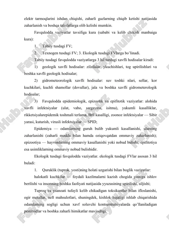 li oksid, azotli oksid, uglerodli oksid, dioksid, kurum, chang va odamlar sogligiga xavf soluvchi kontsentratsiyalarda antropogen tusdagi boshka zararli moddalar; — keng kulamda kislotali hududlar hosil bulishi va kup miktsorda kislota chikindilari yogilishi; — radiatsiyaning yuqori darajasi. 3. gidrosfera holatining uzgarishi bilan boglik vaziyatlar: yuzasi va osti suvlarining sanoat va kishlokhujaligi ishlab chiqarishi okavalari; neft mahsulotlari, odamlarning zaharlanishiga olib kelgan yoki olib kelishi mumkin bo’lgan, tarkibida ogir metallar, har hil zaharli himikatlar mavjud chikindilar va boshka zararli moddalar bilan eksteremal yuqori darajada ifloslanishi; binolar, muhandislik kommunikatsiyalari va uyjoylarning emirilishiga olib kelishi mumkin bo’lgan yoki olib kelgan sizot suvlar miktsorining ortishi; suv manbalari va suv olish joylarining zararli moddalar bilan ifloslanishi okibatida ichimlik suvining keskin etishmasligi. texnogen tusdagi favqulodda vaziyatlarga 7 xil turdagi vaziyatlar kiradi: 1) transportlardagi avariyalar va halokatlar — ekipaj a`zolari va yulovchilarning o’limiga, havo kemalarining tulik parchalanishiga yoki kattik shikastlanishiga hamda kidiruv va avariyakiliruv ishlarini talab kiladigan avia …