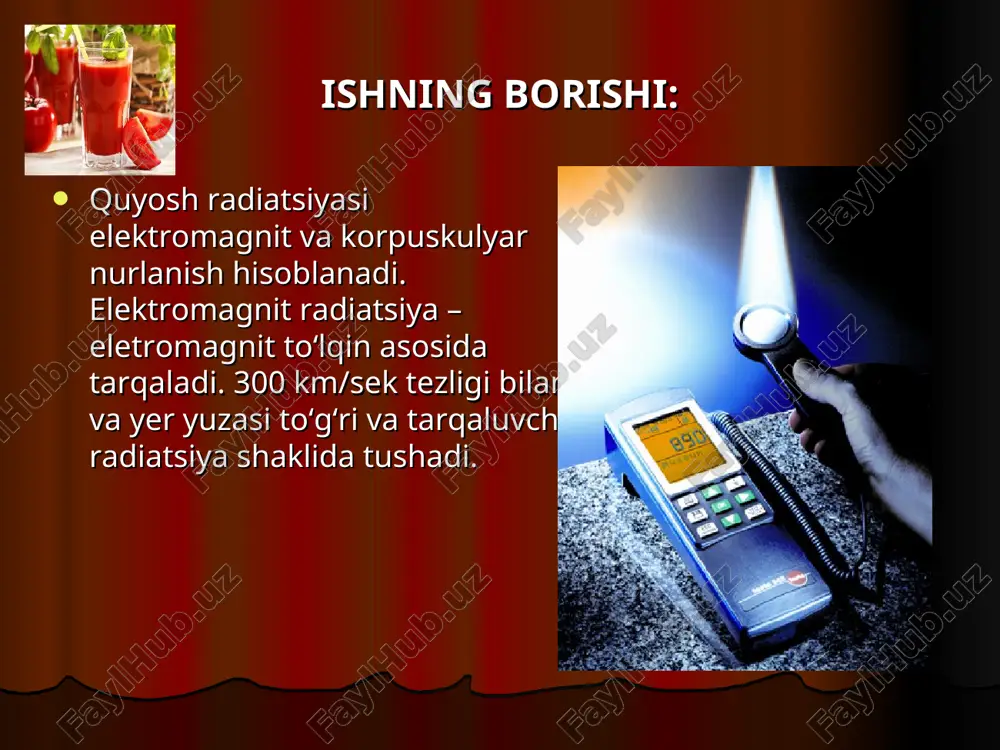 ttalik bo’lishi tabiiy yoritilganlik koeffitsienti qabul qilingan. bu ishlab chiqarish xonasi ichidagi yoritilganlikni /yei/, shu vaqtining o’zida tashqarida gorizantal yuzada o’lchangan yoritilganlikka /yet/ nisbati bilan foizlarda o’lchanadigan kattalikdir. tabiiy yoritilganlik tabiiy yoritilganlik koeffitsieti_/e/ 1-jadvaldan quyidagi omillar asosida aniqlanadi: ko’zda bajariladigan ishning tabiati / ko’rilayotgan predmetning ko’z ilg’ay olish kattaligi masalan soatsozda soatning mayda qismlari, o’quvchida harf o’lchamlari va boshqalar/; yorug’lik sistemasi; yorug’lik iqlimi koeffitsienti /bu kattalik binoning joylashgan mintaqasiga bog’liq. kungaylik koeffitsienti /bu kattalik binoning qisqa tomonga qarab tushganligiga bog’liq . bino sharq tomonga qarab tushgan bo’lsa – kungay tomon deyiladi. tabiiy yoritilganlik koeffitsieti eksperimental o’lchovlar asosida hisoblanadi.buning uchun lyuksmetr asbobi yordamida xonaning ichki /yei/ va tashqi /yet/ yoritilganligi gorizantal tekislikda o’lchanadi tashqaridagi yoritilganlik o’lchanganda lyuksmetr fotoelementiga atrofdagi bino va inshootlarning soyasi tushmasligiga ahamiyat berish kerak. o’lchanayotgan yoritilganlik qiymatini hisoblash qo’yidagi tartibda bajariladi: yuqorida aytilgan qoplamalar yordamida tanlangan o’lchov diapozonlarining eng katta qiymati bosilgan tugmaning qarama-qarshi tomonidan olinadi. masalan, o’ng …