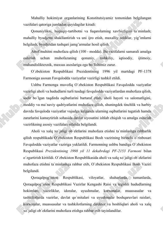 rish kiritildi. o`zbekiston respublikasida aholi va xalq xo`jaligi ob`ektlarini muhofaza etishni ta`minlashga rahbar etib, o`zbekiston respublikasi bosh vaziri belgilandi. qoraqalpog’iston respublikasi, viloyatlar, shaharlarda, tumanlarda, qoraqalpog’iston respublikasi vazirlar kengashi raisi va tegishli hududlarning hokimlari; vazirliklar, idoralar, uyushmalar, korxonalar, muassasalar va tashkilotlarda vazirlar, davlat qo`mitalari va uyushmalar boshqaruvlari raislari, korxonalar, muassasalar va tashkilotlarning direktor va boshliqlari aholi va xalq xo`jaligi ob`ektlarini muhofaza etishga rahbar etib tayinlandilar. 2. hayot faoliyati xavfsizligini ta`minlash sohasida o`zbekiston respublikasi qonunlari respublikamiz prezidenti tomonidan amalga oshirilayottan tadbirlarning barchasida xalq manfaati, inson qadriyati eng oldingi o`rindadir. so`nggi yillarda oliy majlis tomonidan yangi asrda aholining xavfsizligini kafolatlovchi, fuqarolar mas`uliyati va jamiyat taraqqiyotining huquqiy zaminini belgilovchi bir nechta qonunlar qabul qilindi. «yo`l harakati xavfsizligi to`g’risida», «gidrotexnika inshootlarining xavfsizligi to`g’risida», «odamning immunitet tanqisligi virusi bilan kasallanishini (oiv kasalligining) oldini olish to`g’risida», «aholini va hududlarni tabiiy hamda texnogen xususiyatli favqulodda vaziyatlardan muhofaza qilish to`g’risida», «fuqaro muhofazasi to`g’risida», «qishloq xo`jalik o`simliklarini zararkunandalar, kasalliklar va …