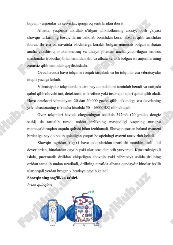 iga sabab bo'ladi. normal insonda quloq dromi inson boshidan tahminan 25mm bolgan oraliqda ichkariga joylashgan boladi. 2- rasm. ovoz to'lqinlarining o'tishi. a) quloq ichki tarafining tovush qabul qiladigan qismi, b) hulosa qismi tashqi quloqdan otgan ovoz endi vibratsiya bera boshlagach uning harakatlariga proparsional ravishda yana uch hildagi harakat o'rta quloq qismida va quloq suyaklari qismida yuzaga keladi. shunday qilib, ichki quloq qismida joylashgan kokleadan ham otib ketadi. koklea bilan tasiri natijasida ovoz vibratiyani vujudga keltiruvchi oqimga yonaltiriladi. ushbu harakat oz navbatida membranalrni vibratsiya holiga keltiradi va bu ham navbatida soch tolalariga biriktirilhan hujayralari membranalarini bukadi. natijada mazkur shochga biriktirilgan jujayralarning harakati oqibatida sosiy nerv tizimiga bir daqiqa mobaynida uzluksiz elektr impulslari to'lqin tarzida yuborlib turiladi. ushbu impulslarga ularda yuqori chastota bo'lgani bois eng yaqin turgan orta uloq qismalari, ularga nisbatan ancha uzoqroqda joylashgan ichki quloq qismlariga nisbatan sezilarliroqjavob qaytaradi. ba'zi tovushga xos bosimi darajalari (spl) (db (a) qiymatlari) 1-jadval. atrof …