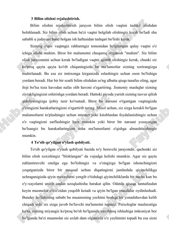 gar siz qayta ruhlantiruvchi omilga ega bo'lishingiz va o'zingizga bo'lgan ishonchingizni yoqatganizda biror bir maqsad uchun diqatingizni jamlashda qiyinchilikga uchraganigizda qiyin mavzularni yengib o'tishdagi qiyinchiliklarda bir necha kun bu o'y-xayolarni unitib undan uzoqlashisha harakat qilin. odatda qisaqa tannafusdan keyin muomolar o'z-o'zidan yoqolib ketadi va qiyin bo'lgan masalalar oydinlashadi. bunday bo'lishining sababi bu muamoning yechimi boshqa bir yonadshuvdan kelib chiqadi yoki siz sizga javob bo'luvchi ma'lumotni topasiz. psixologlar maslaxatiga ko'ra, sizning miyangiz ko'proq bo'sh bo'lganida yaxshiroq ishlashiga imkoniyat bor bo'lganda ba'zi muamolar siz uxlab dam olganizda o'z yechimini topadi bu esa sizni o'ylash qobilyatingizni o'sishiga olib keladi. 5 ma'lumotlarga ega bo'lish ma'lumotlarga ega bo'lishning eng yaxshi usuli bu kitoblarni varaqalab chiqishdir chunki siz osongina axborotlarga ega bo'lasiz. har bir betga faqatgina yozasiz va varoq hoshiyalaridan foydalanasiz. varoq betiga xulosa yoziladi va qo'shimcha fikrlar ishlatiladi. agar ma'lumotlar aniq yozilgan bo'lsa va ularni keyin ham qayta ko'rib chiqish uchun ham ishtiyoqni paydo bo'lishiga …