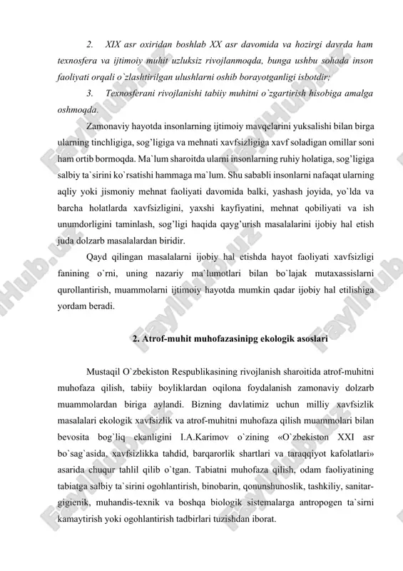 sh yoki ogohlantirish tadbirlari tuzishdan iborat. mavjud sharoit tanlangan yangilanish yo`lining oddiy emasligini, katta muammolar, qiyinchiliklar yo`li ekanligini ko`rsatadi. o`zbekistonda yashab turgan barcha xalqlarning hayotiy sharoitlarini ta`minlashga qaratilgan maqsad va vazifalar qanday hal etiladi? va eng dolzarb qiyin masalalardan biri bo`lgan barqarorlik va xavfsizligimizga bo`lgan taxdidni etarlicha tushunib etayapmizmi? bu tahdidlarga qarshi nima qo`ya olamiz, jamiyatimizning izchil rivojlanishi va barqarorlik sharti bo`lib nima xizmat qila oladi? milliy xavfsizlikka qarshi yashirin tahdidlarni ko`rib chiqar ekanmiz, ekologik xavfsizlik va atrof-muhitni muhofaza qilish muammosi alohida e`tiborga molikdir. ochiq e`tirof etish kerakki, uzoq yillar mobaynida eski ma`muriy-buyruqbozlik tizimi sharoitida bu muammo bilan jiddiy shug`ullanilmagan. aniqrog`i, bu muammo ayrim jonkuyar olimlar uchungina tadqiqot manbai, o`z mamlakatlarining kelajagiga, tabiiy boyliklari saqlanib qolishiga befarq qaramagan, bu xaqda qattiq tashvish chekkan odamlarning esa «qalb nidosi» bo`lib kelgan. biroq, ularning vijdoniga, fuqarolik burchiga, nixoyat, aql-idrokiga da`vatlari to`ralashib ketgan sovet-partiya amaldorlarining sovuq, hatto aytish mumkinki, surbetlarcha loqaydligiga duch kelavergan. bunga …