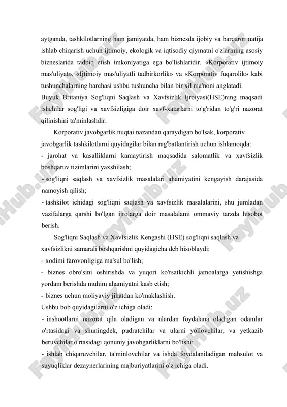) sog'liqni saqlash va xavfsizlikni samarali boshqarishni quyidagicha deb hisoblaydi: - xodimi farovonligiga ma'sul bo'lish; - biznes obro'sini oshirishda va yuqori ko'rsatkichli jamoalarga yetishishga yordam berishda muhim ahamiyatni kasb etish; - biznes uchun moliyaviy jihatdan ko'maklashish. ushbu bob quyidagilarni o'z ichiga oladi: · inshootlarni nazorat qila oladigan va ulardan foydalana oladigan odamlar o'rtasidagi va shuningdek, pudratchilar va ularni yollovchilar, va yetkazib beruvchilar o'rtasidagi qonuniy javobgarliklarni bo'lishi; · ishlab chiqaruvchilar, ta'minlovchilar va ishda foydalaniladigan mahsulot va suyuqliklar dezaynerlarining majburiyatlarini o'z ichiga oladi. bob, shuningdek, qurilish (dizayn va boshqarish) asosidagi vazifa egalari o'rtasida hamda har qanday qurilish loyihasini boshqarishda sog'liqni saqlash va xavfsizlikni to'liq integratsiya qilish hamda samarali birga ishlash uchun loyiha (mijoz, dizayner va asosiy pudratchi) bilan har bir kishini rag'batlantirish nizomlari (cdm) o'rtasida mavjud bo'lgan huquqiy majburiyatlarini ifodalaydi. 1.2 bazi asosiy tushunchalar sog'liqni saqlash va xavfsizlik masalalarini batafsil muhokama qilishdan oldin, bir necha asosiy kasbiy salomatlik va xavfsizlik ta'riflari bilan …