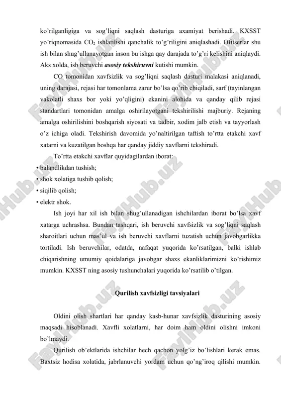 o’lmaydi. qurilish ob’ektlarida ishchilar hech qachon yolg’iz bo’lishlari kerak emas. baxtsiz hodisa xolatida, jabrlanuvchi yordam uchun qo’ng’iroq qilishi mumkin. barcha ishchilar xavfsizlik ta’limini olgan bo’lishi lozim. ular qurilish ish joyida kerakli jixozlar bilan jihozlangan bo’lishi kerak, jumladan shaxsiy himoya uskunalari (ppe) bilan. chunki muhandislar qachon xavfga duch kelsa, himoya vositalari ularning yonlarida bo’lishi kerak. qurilish kasbiy xavfsizlik salohiyatiga ega bo’lish uchun chuqur bilim kerak. bilimli kishi har qanday jixoz bilan qanday yondashuv qilish kerakligi biladi.u ishchining munosabati va xulqi kerakli darajada bo’lishi kerak. qurilish maydonida xazil-mutoyiba qilish, e’tibor etishmasligi ishchilar o’limiga olib kelishi mumkin. yangi ishchilar va tajribali xodimlar yillar davomidagi doimo ishidan keyin ham, trening o’tib turishlari kerak. balandliklardan tushib ketish. qurilish xodimlari ko’pincha balandlikda ishlayotgan bo’lishi mumkin, bu juda xavfli. agar balandlikda ishlayotgan bir ishchini kuzatayotgan bo’lsangiz, o’zingizga savol bering o’zingizni shunday sharoitda qulay xis etasizmi? javob yo’q bo’lsa, bunday xolatda muammo bo’lishi mumkin. ish beruvchi har qanday …