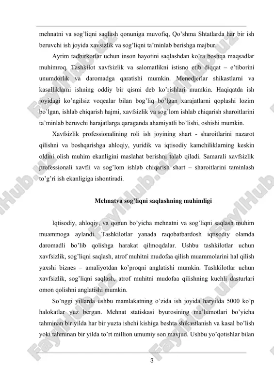 lda 5000 ko’p halokatlar yuz bergan. mehnat statiskasi byurosining ma’lumotlari bo’yicha tahminan bir yilda har bir yuzta ishchi kishiga beshta shikastlanish va kasal bo’lish yoki tahminan bir yilda to’rt million umumiy son mavjud. ushbu yo’qotishlar bilan bog’liq bo’lgan xarajatlar milliard dollarni tashkil etadi. ushbu ko’ngilsiz voqealarga tortilgan kishilarning tebranuvchi soni real xavotirlik hisoblanadi. mana shu sonlar ortida – onalar, otalar, opa-singillar, aka-ukalar, turmush o’rtoqlar, farzandlar. ular – bob kabi insonlar, ularning hayoti hech qachon avvaldagi bo’lmaydi. ish joyidagi xavfsizlik va salomatlikga mas’ul bo’lgan mehnatni va sog’liqni saqlash boshqarmasi (osha), federal agentlik amerikaliklar duch kelayotgan xavfsizlik va salomatlik muammolariga e’toborni qaratishga harakat qilomqda. osha naqafat jarima solishga qodir, balki ishchilarining xavfsizligi va salomatligiga ataylab ahamiyat bermayotgan biznes egalari va menedjerlariga qarshi qonuniy harakatlar olib borilishiga erishishlari mumkin. va yana ish beruvchilar o’zlarini, qurbonlar va ish joyidagi baxtsiz hodisadan so’ng tirik qolganlar tomonidan jo’natilgan, fuqarolik da’vosi obyekti deb topishlari mukin. xavfsizlik va …