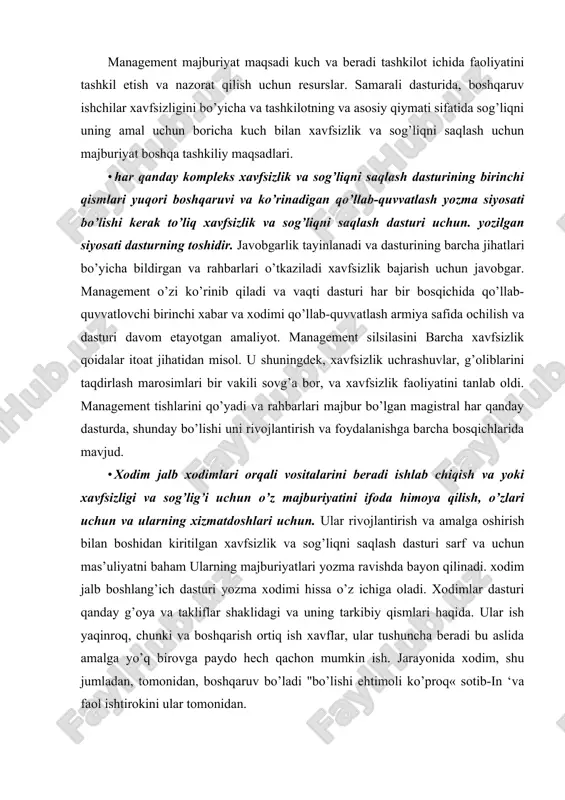 htimoli ko’proq« sotib-in ‘va faol ishtirokini ular tomonidan. · dasturda, shuningdek, ish joyi tahlil qilish bir qismini o’z ichiga olishi kerak. şantiyesi tahlil qilish, ish joyi imtihonlari turli ichiga oladi mavjud xavf balki sharoit va operatsiyalar nafaqat aniqlash unda o’zgarishlar xavf yaratish sodir bo’lishi mumkin. kamomad bir xavfning xabardorlik, şantiyesi ko’rib etmaganlik kelib chiqadigan, xavfsizlik va sog’liqni saqlash siyosat va / yoki amaliy samarasiz ekanligini belgisidir. samarali boshqaruv faol ish tahlil va ish joyini, oldindan va zararli shakllanishi oldini olish uchun. bu, tekshirishlar orqali ish joyini davriy ko’rikdan talab audit va kabi boshqa xavfsizlik vositalari qo’llanilishi ish xavfsizlik tahlil qilish. · keyingi, xavf oldini olish va nazorati bir qat’iyat bilan xavf yoki potentsial xavflar borligini tekshirishdir. qaerda mumkin, xavflar şantiyede yoki ish samarali dizayn man etiladi. qaerda, uni ularni bartaraf etish mumkin emas, ular oldini olish uchun nazorat qilinadi xavfli va sog’liqqa zarar ta’sir. bir xavf yoki potentsial xavf bir …