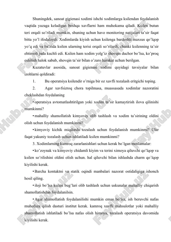 s bo’lsa, ish beruvchi nafas muhofaza qilish dasturi institut kerak. kamroq xavfli mahsulotlar yoki mahalliy shamollatish ishlatiladi bo’lsa nafas olish himoya, tozalash operatsiya davomida kiyilishi kerak. 4. ksilendan foydalanishda xodimlar shovqin va hal qiluvchi, sinerjik ta’sirdan himoyalovchi kiyim kiyish kerak. sanoat gigienasi nima? sanoatgigienasiko’pinchasan’atvailm-fantanbag’ishlangan, baholash, vaishjoyinisog’liqnisaqlashxavfnazoratqilishdebta’rifqilingan,.bu uch mazhabni tashqari, biz to’rtinchi qo’shish taklif qilingan, biz: «oldini olish uchun shu yerni ehtiyot bo’lish kerak" kutilgan kutmoqda. ‘‘ish joyini xavf og’ushida urg’u kutilmagan salomatlik uchun xavfli qaraydigan olib kelishi mumkin. yaxshi tayyorlangan sanoat gigienist paydo deyarli har qanday vaziyatda jihozlangan, yaxshi o’rgatilgan. biz tan, baholash bilan yaqindan ko’z tashlang, va bu bobda, keyinchalik nazorat qiladi. biz sanoat gigienasi ‘san’ati’ ‘deganda nimani tushunamiz? ‘san’at’ sanoat gigiena oddiygina bir retseptini quyidagi namoyondalarining mumkin emas, deb nazarda tutadi. har bir noyob joyini mo’ljallangan va har bir yangi kun, sanoat gigienisi o’zini o’zi qayta kashf qilishi kerak. sanoat gigienisti shunchaki ish joyini xavf o’lchov va darajasini …