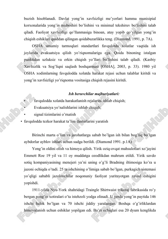 n xotiralari o’ta istehzoli yodga olinadi. u yerda yong’in paytida 146 ishchi halok bo’lgan va 70 ishchi jiddiy yaralangan. boshqa o’g’irliklardan himoyalanish uchun eshiklar yopilgan edi. ba’zi ochiqlari esa 20 dyum kenglikda edi. ishchilar nihoyat eshikni yorib, olovdan qochishga erishishdi. ammo bino tez ag’darildi. yong’in burchagi yong’inni keltirib chiqaruvchi 4 omil: 1. yoqilg’i 2. issiqlik 3. kislorod 4. kimyoviy reaksiya yuqoridagilar olov hosil qiluvchilardir. yoqilg’ilar ko’plab moddalarni o’z ichiga oladi, lekin ular yonishidan oldin hammasi bug’ holatida bo’lishi kerak. dastlab bug’lanadi, portlash sodir bo’lishi uchun yoqilg’ilarning hamma turlari kislorod bilan reaksiyaga kirishi lozim. yonish jarayonida yoqilg’i kislorod va issiqlikning qismlari kimyoviy reaksiyaga kirishib, o’z shaklini o’zgartiradi va gaz holatiga o’tadi. quyida bu jarayonning misoli. poyabzal sotish va ta’mirlash bilan shug’ullanadigan do’kon xo’jayini o’z yordamchisining ta’mirlash jarayonini tekshirdi. tekshiruv vaqtida binoda gaz hidi aniqandi. u bir nechta eshiklarni ochib qo’ydi va yordamchisiga charx uskunasini ishlatmaslikni buyurdi. xo’jayin tomosha zaliga kirish uchun …
