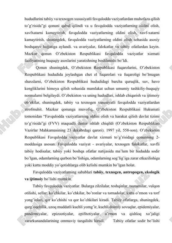 ’lishiga, odamlarning sog’lig’iga zarar etkazilishiga yoki katta moddiy yo’qotishlarga olib kelishi mumkin bo’lgan holat. favqulodda vaziyatlarning sabablari tabiiy, texnogen, antropogen, ekologik va ijtimoiy bo’lishi mumkin. tabiiy favqulodda vaziyatlar. bularga zilzilalar, toshqinlar, tsunamilar, vulqon otilishi, sellar, ko’chkilar, ko’chkilar, bo’ronlar va tornadolar, katta o’rmon va torf yong’inlari, qor ko’chishi va qor ko’chkilari kiradi. tabiiy ofatlarga, shuningdek, qurg’oqchilik, uzoq muddatli kuchli yomg’ir, kuchli doimiy sovuqlar, epidemiyalar, pandemiyalar, epizootiyalar, epifitotiyalar, o’rmon va qishloq xo’jaligi zararkunandalarining ommaviy tarqalishi kiradi. tabiiy ofatlar sodir bo’lishi mumkin: moddalarning tez harakatlanishi natijasida (zilzilalar, ko’chkilar); yer ichidagi energiyani chiqarish jarayonida (vulqon faolligi, zilzilalar); daryolar, ko’llar va dengizlarning umumiy darajasi oshganda (sel, tsunami); g’ayrioddiy kuchli shamollar (bo’ronlar, siklonlar) ta’siri ostida. ba’zi tabiiy ofatlar (yong’inlar, ko’chkilar va boshqalar) odamlarning o’z harakatlari natijasida yuzaga kelishi mumkin, ammo ularning oqibatlari har doim tabiat kuchlarining natijasidir. har bir tabiiy ofat inson salomatligiga salbiy ta’sir ko’rsatadigan o’ziga xos zarar etkazuvchi omillarning mavjudligi bilan tavsiflanadi. texnogen favqulodda …