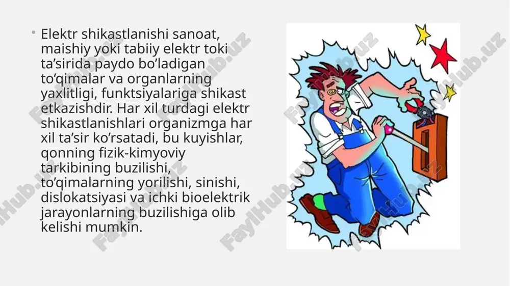 o’rinsa, ularni toza bint yoki mato bilan bog’lash kerak. singanga shubha bo’lsa, oyoq-qo’lni shina bilan bog’lash kerak. elektr toki shikastlanishidan keyingi asoratlarning asosiy turlari vestibulyar apparatlarning buzilishi; - eshitish qobiliyatini yo’qotish; - retrograd amneziya; - oyoq-qo’llarning parezlari; - buyrak, jigar shikastlanishi, organlarda toshlar paydo bo’lishi; - qon tomirlari, orqa miya, miya shikastlanishi; - simpatik va parasempatik asab tizimining psixoz va buzilishi; - koma; - katta qon ketish. elektr shikastlanishining oldini olish elektr tokidan shikastlanishning asosiy oldini olish elektr jihozlarini ishlatish, o’rnatish va ta’mirlash vaqtida xavfsizlik qoidalariga rioya qilishdir. elektr toki bilan ishlaydigan odamlar yaxshi ko’rsatmalarga ega bo’lishi va shaxsiy himoya vositalariga ega bo’lishi kerak. mavjud elektr inshootlariga xizmat ko’rsatuvchi shaxslar yiliga ikki marta vaqti-vaqti bilan tibbiy ko’rikdan o’tishlari kerak. bunday holda, ko’rsatmalar bo’yicha terapevt, jarroh, nevropatolog, oftalmolog, otorinolaringologdan o’tish majburiydir. asosiy xavfsizlik choralari yordamida koʻplab elektr jarohatlarining oldini olish mumkin. juda sovuq (-15°c va undan past) va shamolli ob-havo sharoitida …