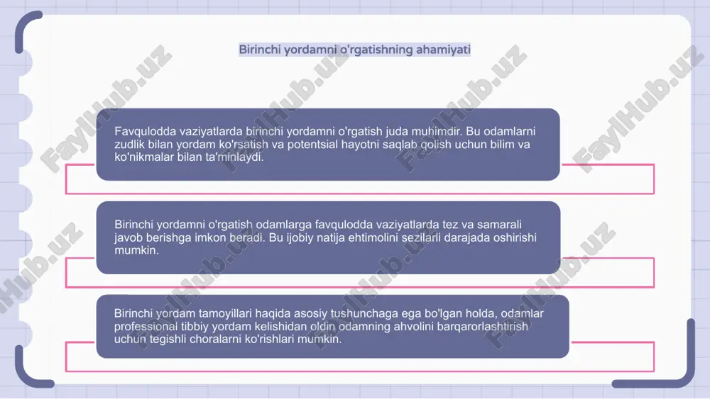 assajini boshlang. yurak xuruji va qon tomirlari uchun birinchi yordam yurak xuruji paytida darhol harakat qilish juda muhimdir. favqulodda vaziyatlar xizmatiga qo'ng'iroq qiling, qattiq kiyimni echib oling va odamga qulay holatda dam olishga yordam bering. agar odam hushidan ketsa, darhol yurak massajini boshlang. ko'krak qafasini daqiqada 100-120 tezlikda siqish tibbiy yordam kelgunga qadar qon oqimini saqlab turishga yordam beradi. insult holatida fast qisqartmasini eslab qoling: yuzning cho'kishi, qo'llarning zaifligi, nutqning qiyinligi, tez yordam chaqirish vaqti. shoshilinch tibbiy yordam to'plamini tayyorlash shoshilinch tibbiy yordam to'plamini tayyorlashda bandajlar, yopishqoq lenta va antiseptik salfetkalar kabi muhim narsalarni kiritish kerak. bundan tashqari, to'plamda qaychi, bir marta ishlatiladigan qo'lqop va birinchi yordam qo'llanmasi bo'lishi tavsiya etiladi. birinchi yordam to'plamidagi narsalarning yaroqlilik muddatini muntazam tekshirib turishni va muddati o'tgan yoki ishlatilgan narsalarni almashtirishni unutmang. e'tiboringiz uchun rahmat