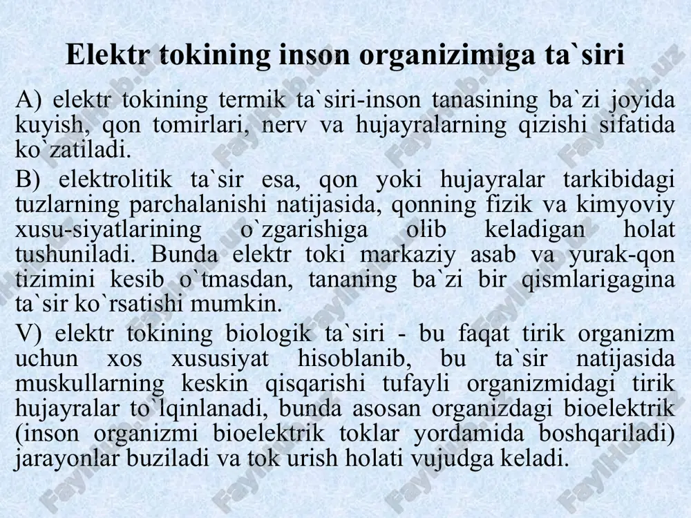 ydi. ammo bu davrda hali undagi hayot butunlay so’nmagan, hujayralarda malum modda almashinuv jarayonlari davom etadi va bu organizmning minimal hayot faoliyatini davom ettirishiga etarli bo’ladi, shuning uchun tashqi tasir natijasida hayot faoliyatini yo’qotgan organizmning bazi bir qismlarini tiklash natijasida uni hayotga qaytarish imkoniyati bor. klinik o’lim holati 5-8 min davom etadi. hech qanday yordam bo’lmagan taqdirda eng oldin bosh miya qobig’idagi xujayralar parchalanadi va klinik o’lim h’olati biologik o’lim h’olatiga o’tadi. biologik o’lim - qaytarib bo’lmaydigan jarayon bo’lib, organizmdagi biologik jarayonlar butunlay to’xtashi bilan xakterlanadi shuningdek organizmdagi oqsil strukturalari parchalanadi. bu klinik o’lim vaqti tugagandan keyin ro’y beradi. tokning inson organizmiga tasiri bir necha omillarga bog’liq. asosiy omillardan biri insonga tok tasirining davomliligi, yani inson tok tasirida qancha ko’p qolib ketsa, u shuncha ko’p zararlanadi. i̇kkinchi omil sifatida inson organizmining shaxsiy xususiyatlari va shuningdek tokning turi va chastotasi katta rol o’ynaydi. tok ta`siriga tushgan kishiga birinchi yordam ko`rsatish elektr …
