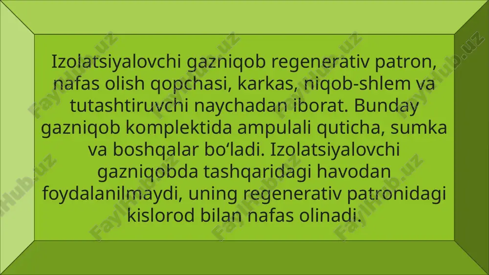 ltrlovchi yutuvchi quti bilan taminlangan. agar gazniqob oynaklari ko‘z to‘g‘risida bo‘lsa, shlem — niqob yuzga zich tegib tursa va burishib qolmagan bo‘lsa gaz-niqob to‘g‘ri kiyilgan deb hisoblanadi. gazniqobni kiyish vaqgida nafas olmay turish va ko‘zlarni yumib olishga alohida e’tibor beriladi. filtrlovchi gazniqoblarnnng organizmga ta’siri. gazniqob kiyib yurilganda organizmning fiziologik funksiyalarida o‘zgarishi yuz beradi. kelib chiqqan o‘zgarishlarning darajasi kishining qanday jismoniy ish bajarayotganligiga, badanning mashklarga o‘rganib ketganligi va odamning sog‘lig‘iga bog‘liq bo‘ladi. gazniqobning nafas olishga qarshilik ko‘rsatishi so‘rib olinayotgan havoning ishqalanishi natijasida paydo bo‘ladi, bunda asosan gazniqob qutisi ichida joylashgan yutuvchi modda faollashgan ko‘mir qarshilik ko‘rsatadi. asl prototipga to'liq mos keladigan leibstandart kompaniyasi tomonidan ishlab chiqarilgan eng yuqori sifatli nusxa: niqobning kauchuklari asl nusxadagi kabi bir xil tekstura, rang va qalinlikda, ko'zoynak romlari ham asl nusxaga to'liq mos keladi. namuna. to'g'ri bo'yoq qoplamasidagi quti ("petrograd" deb nomlanadi), gaz hujumi paytida foydalanish bo'yicha ko'rsatmalar bilan asl yorliqlarning aniq nusxalari. filtr qutisida, asl …