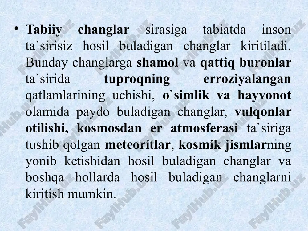 aqsadida o'zida ushlab qoladi. odam salomatligi uchun yashab turgan va ishlayotgan yeridagi havoning toza va kislorodga boy bo'lishi katta ahamiyatga ega. agar havo har xil zararli chang va bug'lar bilan ifloslangan bo'lsa, ularning malum miqdori havo bilan o'pkaga qadar yetib borishi mumkin. chang zarrachalarining dam olish yo'llarida ushlanib qolishi yoki o'tib ketishi ularning o'lchamlariga bog’lik. agar chang zarrachalarining olchami 10 mkm va o'ndan yirik bo'lsa, ular yuqori dam olish yo'llari burin boshligi, kegirdak va shilimchiq qavatidan keyingi havo o'tgazuvchı - bronxlarda, ushlanib qoladi. biroq 10 mkm dan kichkina zarrachalar ayniqsa 0, 5 ten 7 mkm ga qadar bolganlari ota qavfli hisoblanib, dam olish yo'llariniing oxirgi bo'lagi hisoblanadigan o'pka olveo devorlariga qadar ya'ni asosiy havo olmashadigan yerga qadar yetib boradi. u yerdan havo bilan qaytib chıqısh imkoniyatı deyarli nolge teng, sababi chang zarrachalari namlangan bo'ladi va setka tárizli tarmoqlanib ketgan bronx devorlaridagi notekis yerlarda shókib qola varadi. havodagi chang muqdorini anıqlash …