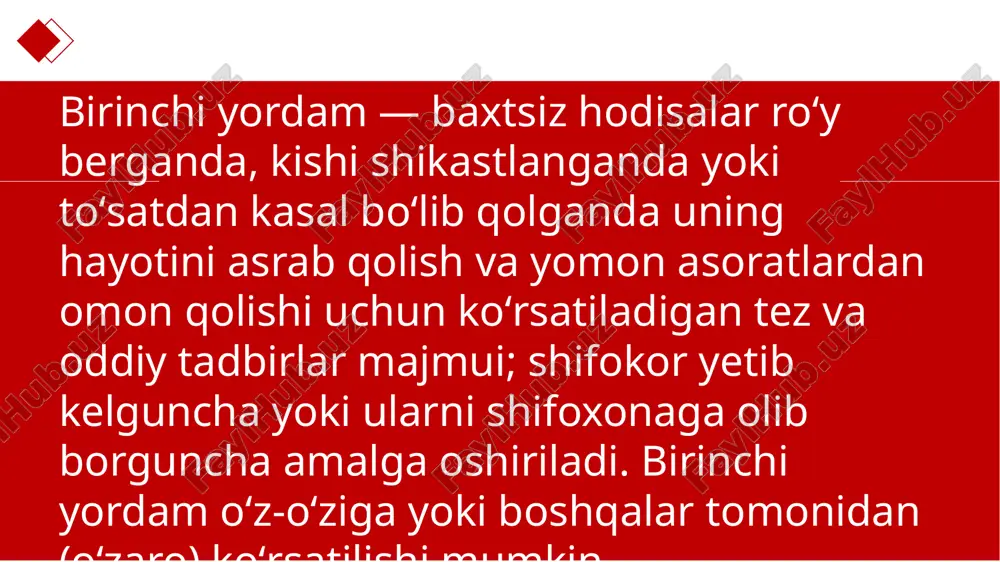 rmoqlar bilan yopib turiladi shuning uchun, kimnidir elektr toki urgan boʼlsa, qanday yordam koʼrsatilishi kerakligini bilish muhimdir. buning uchun: ▫️ hodisa sodir boʼlgan joy siz uchun xavfsiz ekanligiga va jabrlanuvchi elektr toki bilan aloqada emasligiga ishonch hosil qiling. ▫️ аgar jabrlanuvchi tok bilan aloqada boʼlsa va siz uni qanday oʼchirishni bilmasangiz, unga yaqinlashmang, darhol tez yordam xizmatini chaqiring! аgar joy va jabrlanuvchi siz uchun xavfli boʼlmasa, jabrlanuvchining hushi va nafas olishini tekshiring. аgar ong va nafas olish mavjud boʼlsa, uning kuyish va yiqilishdan olgan jarohatlarini tekshiring. ▫️ jabrlanuvchi hushida boʼlsa va koʼrinadigan jarohatlar boʼlmasa ham, tez yordam chaqiring. ▫️ tekshirish paytida jabrlanuvchida aniqlangan holatga qarab birinchi yordam koʼrsating. sovuq urganda birinchi yordam darhol isining. vaziyatni kuzatib boring, agar to‘qimalarning shishishi bir necha soatdan ortiq davom etsa va terida pufakchalar yoki suyuqlik bilan to‘lgan pufakchalar paydo bo‘lsa, shifokor bilan maslahatlashing. har qanday holatda ham pufakchalarni o‘zingiz teshmang: infeksiya kirishi mumkin. bu …