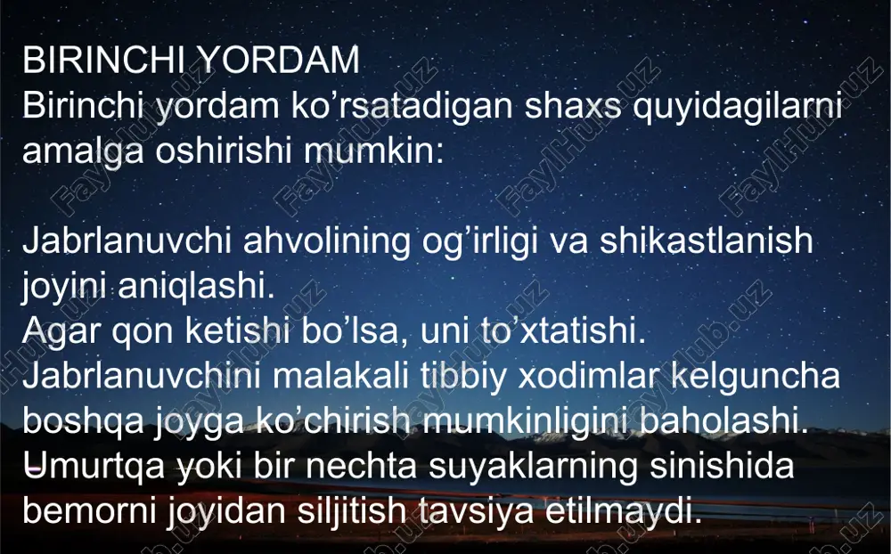 ektr rozetkalariga teginish ko'pincha chaqishlar issiq oylarda, odamlar ilonlarning tabiiy muhitiga kirganda yoki ilonni tutish paytida paydo bo'ladi. zaharli ilonning kamida bitta turini aqshning har bir shtatida topish mumkin, alyaskadan va gavayidan tashqari. ammo nafaqat aqshda. albatta, evropa, janubiy amerika, osiyo, avstraliya va afrikada. jahon sog'liqni saqlash tashkilotining hisob-kitoblariga ko'ra, har yili dunyo miqyosida 20,000 dan 94,000 kishigacha bo'lgan ilon chaqishi sodir bo'ladi birinchi javob beruvchilar uchun - ilon chaqishi bo'lsa, bemorni xotirjam tuting va uning umumiy harakatlarini cheklang. nafas olish, qon aylanishini, asab tizimining nogironligini, ta'sir qilish va atrof-muhitni nazorat qiling va darhol davolanishni boshlang. uning hayotiy belgilarini qayta-qayta oling va tanasini issiq tuting. tishlangan a'zolarda zargarlik buyumlari yoki narsalarni olib tashlashni ham unutmang. barcha alomatlarga e'tibor qaratish: agar bemorda og'riq, uyqusizlik, paresteziya, nafas qisilishi, ko'ngil aynishi, qusish, bosh aylanishi, shish, eritema, hushidan ketish, nafas qisilishi, yutish qiyinligi, chalkashlik, gipotenziya, gemoptizi, burundan qon ketish, taxikardiya, diareya, soqchilik yoki haroratning …
