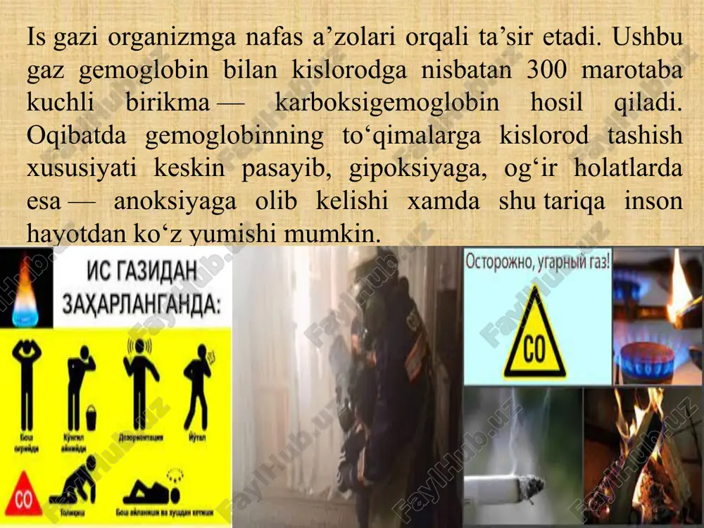 rt chaqilsa yoki uchqun chiqqanda portlaydi. 4. kanalizatsiya, hojatxona va boshqa chuqurliklarda to‘planadi. og‘ir gazlardan zaharlanmaslik uchun: -kanalizatsiya quduqlariga maxsus teri va nafas organlarining himoya vositalarisiz tushmaslik; - shaxsiy himoya vositalaridan to‘g‘ri foydalanish; - eski kanalizatsiya va hojatxonalar yaqinida kamida 6-8 metrgacha bo‘lgan masofada chuqurliklar qazimaslik; - eski hojatxonalardan bolalarning foydalanishiga yo‘l qo‘ymaslik, kattalar foydalanganda xavsizlik choralariga rioya qilishi lozim. og‘ir gazlardan zaharlanganda: favqulodda vaziyatlar boshqarmasi “qutqaruv xizmati”ga 1050 telefoni orqali xabar qiling. “tez tibbiy yordam” xizmatiga 103 telefoni orqali xabar bering. maxsus himoya vositalarisiz zaharlanganlarni qutqarish uchun kanalizatsiya va hojatxonalarga tusha ko‘rmang jabrlangan kishini ochiq havoga olib chiqing, ko‘zlari, nafas yo‘llari va terisini ko‘p miqdorda oqar suvda yuving. tabiiy gaz va is gazi bilan zaharlanish bilan bog‘liq favqulodda vaziyatlar sodir bo‘lishiga quyidagilar sabab bo‘lishi mumkin: -xonadonlar isitish tizimlariga tabiiy gazning ulanishida me’yoriy talablarga rioya etilmasligi; -tabiiy gazdan foydalanishda texnika xavfsizligi qoidalariga rioya qilinmasligi; - nostandar va qo‘lbola isitish vositalaridan …