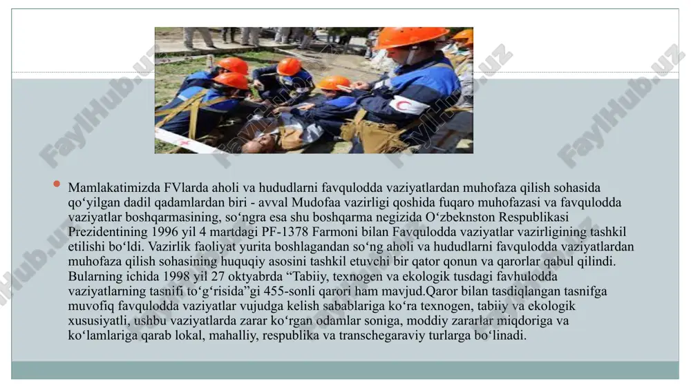 - energetika va kommunal tizimdagi avariyalar; - binolar konstruksiyasining buzilishi bilan bogʻliq avariyalar va shu kabi boshqa fvlar. - radioaktiv va ekologik jihatdan xavfli moddalardan foydalanish va ularni saqlashdagi avariyalar; - gidrotexnik halokatlar va avariyalar ekologik tusdagi favqulodda vaziyatlar quyidagi turlarga boʻlinadi: - quruqlik holatining oʻzgarishi; - atmosfera tarkibi va xossalarini oʻzgarishi, - gidrosfyera holatining oʻzgarishi bilan bogʻliq holatlar aholi va hududlarni favqulodda vaziyatlardan muhofaza qilishning huquqiy asoslari. aholi va hududlarni favqulodda vaziyatlardan muhofaza qilishning huquqiy asoslari. 1.o‘zbekiston respublikasi prezidentining 1996 yil 4 martdagi “o‘zbekiston respublikasi favqulodda vaziyatlar vazirligini tashkil etish to‘g‘risida”gi pf-1378-sonli farmoni. 2.“o‘zbekiston respublikasi favqulodda vaziyatlar vazirligini tashkil etish to‘g‘risida”gi pf-1378-sonli farmoniga o‘zgartirish kiritish to‘g‘risidagi o‘zbekiston respublikasi prezidentining 1998 yil 11 dekabrdagi pf-2153 - sonli farmoni 3.o‘zbekiston respublikasi vazirlar mahkamasining 1996 yil 11 apreldagi “o‘zbekiston respublikasi favqulodda vaziyatlar vazirligining faoliyatini tashkil etish masalalari to‘g‘risida”gi 143-sonli qarori 4.o‘zbekiston respublikasi vazirlar mahkamasining 2011 yil 24 avgustdagi 242-sonli “o‘zbekiston respublikasi favqulodda …