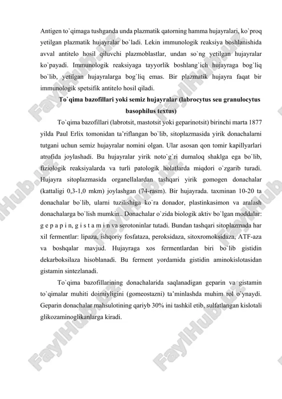 shqalar mavjud. hujayraga xos fermentlardan biri bo`lib gistidin dekarboksilaza hisoblanadi. bu ferment yordamida gistidin aminokislotasidan gistamin sintezlanadi. to`qima bazofillarining donachalarida saqlanadigan geparin va gistamin to`qimalar muhiti doimiyligini (gomeostazni) ta’minlashda muhim rol o`ynaydi. geparin donachalar mahsulotining qariyb 30% ini tashkil etib, sulfatlangan kislotali glikozaminoglikanlarga kiradi. 74-rasm. to`qima bazofilning elektron mikrofotogrammasi. x 12.000. i-sitolemma; 2-yadro; 3-sekret donachalari. u qon ivishiga to`sqinlik qiladi, hujayralararo moddaning o`tkazuvchanligini pasaytiradi va yallig`lanish protsessini susaytiradi. gistamin esa kuchli aktiv modda bo`lib, kapillyarlar devorining o`tkazuvchanligini oshiradi va qon tomirlarni kengaytiradi. shu xususiyatlari tufayli to`qima bazofillaridan ajralib chiqadigan gistamin turli xil allergiya reaksiyalarida ishtirok etadigan asosiy moddalardag` biri bo`lib hisoblanadi. gistamindal tashqari, allergiya reaktsiyalarida to`qima bazofillari ajratib chiqaradigan moddalar, jumladan, allergiyaning sekin ta’sir ko`rsatuvchi moddasi, trombotsitlarni aktivlovchi modda, neytrofil va eozinofillarning :xemotaksisini kuchaytiruvchi modda va boshqalar ishtirok etadi. bu moddalarning hujayradan tashqariga chiqishi degranulyatsiya deb atalib, u turli usul bilan amalga oshishi mumkin. degranulyatsiya jarayonida to`qima bazofillarining hujayra qo-big`ida …