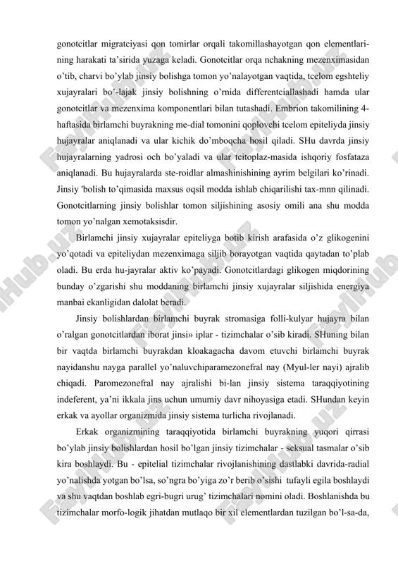 yo’naluvchiparamezonefral nay (myul-ler nayi) ajralib chiqadi. paromezonefral nay ajralishi bi-lan jinsiy sistema taraqqiyotining indeferent, ya’ni ikkala jins uchun umumiy davr nihoyasiga etadi. shundan keyin erkak va ayollar organizmida jinsiy sistema turlicha rivojlanadi. erkak organizmining taraqqiyotida birlamchi buyrakning yuqori qirrasi bo’ylab jinsiy bolishlardan hosil bo’lgan jinsiy tizimchalar - seksual tasmalar o’sib kira boshlaydi. bu - epitelial tizimchalar rivojlanishining dastlabki davrida-radial yo’nalishda yotgan bo’lsa, so’ngra bo’yiga zo’r berib o’sishi tufayli egila boshlaydi va shu vaqtdan boshlab egri-bugri urug’ tizimchalari nomini oladi. boshlanishda bu tizimchalar morfo-logik jihatdan mutlaqo bir xil elementlardan tuzilgan bo’l-sa-da, keyinchalik bu tizimchalarda differentciallanish boshla-nib, tayanch va birlamchi jinsiy hujayralar ko’rinadi. embrio-nal taraqqiyotning to’rtinchi oyidan boshlab, kompakt bo’lgan urug’ tizimchalarida bo’shliq paydo bo’lib, ular egri-bugri yo’l-larga aylanadi '(tubulus seminifer contortus). embrional ta-raqqiyotning so’nggi oylarida erkaklar jinsiy bezi o’zining tuzilishida kam o’zgaradi, faqat bola tug’ilib, balog’at yoshiga etganda (12-14) yosh spermatogoniydan murakkab o’zgarishlar* yo’li bilan erkaklarning jinsiy hujayralari paydo bo’lish jarayoni, …