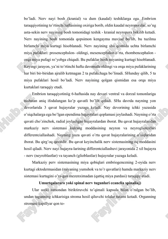 lari embriogenezning 2-oyida nerv kurtagi ektodermasidan (miyaning yumshok va to’r qavatlari) hamda markaziy nerv sistemasi kurtagini o’ra-gan mezenximadan (qattiq miya pardasi) taraqqiy etadi. umurtqalararo yoki spinal nerv tugunlari ccanclia spinaliaj) ular ustki tomondan biriktiruvchi to’qimali kapsula bilan o’ralgan bo’lib, undan tugunning ichkarisiga stroma hosil qiluvchi tolalar tutami ketadi. organning stromasi kapillyar qon to- 106- rasm. umurtqalararo nerv tugu’n. gematoksnlin- eozin bilan bo’yalgan. 06. 40„ ok. 10. 1 •-nerv hujayralari; 2 - biriktiruvchi tuqimali kepsula: mirlarga boy bo’lib, unda nerv tolalari va neyrotcitlar, hamda1 gliotcitlarni uchratish mumkin. nerv tugunining neyronlari aso-san organning chekka qismlarida gruppa bo’lib joylashadi. tu-gunning o’rta qismida esa nerv tolalari joylashadi. tugunni hosil qiluvchi hujayralar o’zlarining tuzilishlariga qarab bi-polyar, aniqrog’i, psevdounipolyar nerv hujayralariga kiradi. hujayraning tanasidan chiquvchi yakka o’simta «t» shaklida ikkiga bo’linadi: ularning biri dendrit, ikkinchisi neyritdir. dendritlar periferiyada sezuvchi apparatlar bilan boshlanadi. nenritlar esa orqa miyaning orqa ildizchasini tashkil etib, orqa-miya xujayralari bilan sinapslar hosil qiladi. …