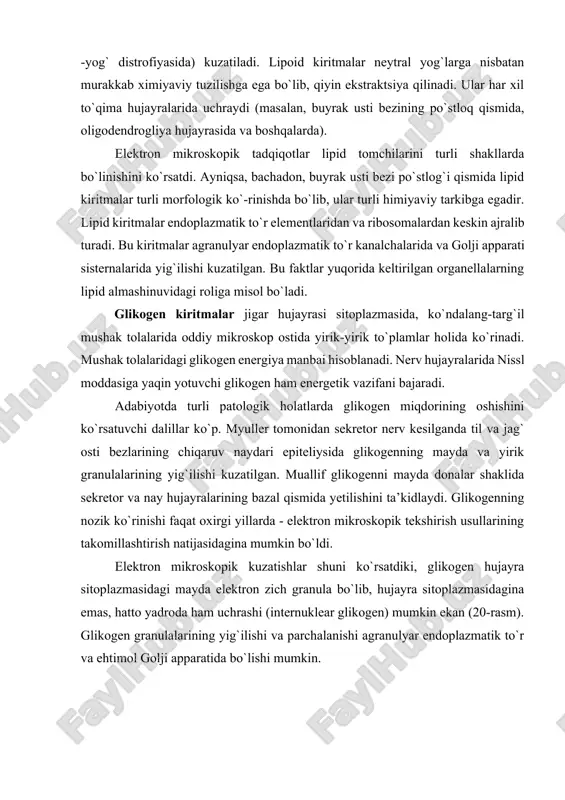 asm). glikogen granulalarining yig`ilishi va parchalanishi agranulyar endoplazmatik to`r va ehtimol golji apparatida bo`lishi mumkin. 19-rasm. a. yog` kiritma. osmiy kislotasi bilan fiksatsiya qilingan. 0b.60,ok. 10. 1- jigar hujayrasi; 2-yadro; 3-sitoplazmadagi yog` tomchilari; 4-hujayra chegarasi. b-jigar hujayrasidagi yog` kiritmasi. elektron mikrofotogramma. x35.000. 1-yog` kiritma; 2-mitoxondriya. 20- rasm. glikogen kiritma. jigar hujayrasi bir qismining elektron mikrofotogrammasi. x 30.000. 1-sitoplazma; 2-glikogen kiritma, 3-mitoxondriyalar. hujayra va biriktiruvchi to`qimaning hujayra oraliq strukturalarining normal hayot kechirishi uchun zarur bo`lgan vitamin c buyrak usti bezlarida, homilaning nerv hujayrasida va boshqa organlarda maxsus usul bilan ishlanganidagina ko`rinadi. sekretor kiritmalar bez hujayrasiga xos bo`lib, hujayradan chiqaruvchi va organizm normal hayot kechirishi uchun o`ta ahamiyatga ega bo`lgan moddalardan tashkil topgan. bu kiritmalar turli ximiyaviy tarkibga ega bo`ladi. sekretor granulalar gomogen moddadan tashkil topgan bo`lib, lipoproteid membrana bilan o`ralgan. elektron mikroskop sekretor granulalar va vakuolalarning yetilishidagi sifat o`zgarishlarini ko`rishga imkon beradi. elektron mikroskopik radioavtografiya yordamida noytr va leblond golji kompleksida …