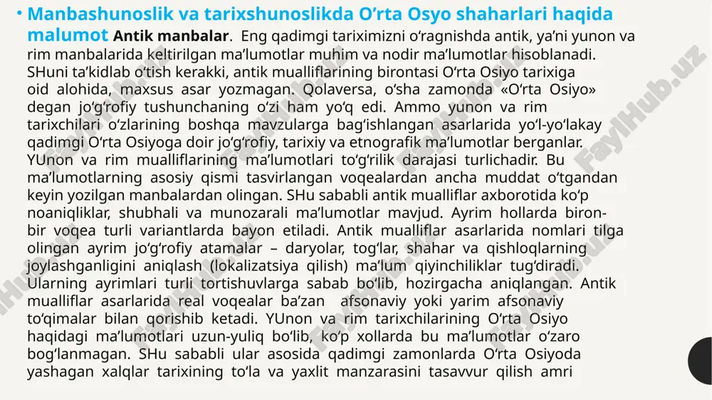 b chiqib, o‘sha davrda o‘rta osiyo xalqlari xayotida matriarxat sarqitlari saqlanib qolganligini taxmin etish mumkin. geradot bu halqlarda kannibalizm (odamho‘rlik) xollari uchrashi haqida axborot beradi, urug‘dagi sog‘lom va nuroniy qari odamni so‘yib, uning go‘shtini hayvonlar go‘shti bilan qo‘shib pishirishlar va tanovvul qilishlarini qayd etadi. geradot qadimgi ajdodlarimiz chorvachilik, baliq ovi va dehqonchilik bilan shug‘ullanganligini ta’kidlaydi. qadimgi tariximiz xaqida ma’lumotlar yozib qoldirgan tarixchilardan biri ktesiy hisoblanadi (m.a. v-iv asrlar). ktesiy eron shahanshoxi artakserks ii ning shaxsiy tabibi bo‘lib, u mashhur olim gippokratning qarindoshi edi. afsuski, ktesiy asarlarning asl nushasi bizgacha etib kelmagan. uning asarlaridan olingan ayrim parchalar keyingi avlod tarixchilarining kitoblarida saqlanib qolgan. это изображение, автор: неизвестный автор, лицензия: cc by-sa-nc gerodotdan farqli o‘laroq, ktesiy faqat o‘zi ko‘rgan yoki eshitgan axborotlarnigina emas balki uydirma ma’lumotlarni ham o‘z asariga kiritgan. shu sababdan uning asarlaridan foydalanishda o‘ta extiyorkorlik zarurdir. ktesiyning ossuriya podshosi ninning o‘rta osiyoga qilgan harbiy yurishlari haqidagi ma’lumotlarni ishonchli emas. ktesiy …