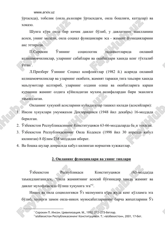 рнинг ахволи каби йўналишлар мухим социологик тадкикот объекти бўлиб келмокда. аслида оиланинг вужудга келиши ва шаклланишида куйидаги оила турлари мажуд бўлган: 1. группавий оила: ибтидоий жамоа тузумида эр-хотин умумий бўлган. 2. патриархал оила: жуфт оила билан моногом оила ўртасидаги оралик шаклида бўлган. 3. моногом оила: бир никохли (хозирги) оила вужудга келган. оила-никох социологияси турмуш тарзи социологияси билан узвий боғлик холда олиб караб ўрганилади. зеро, оила билан боғлик бўлган барча масалалар кишилар турмуш тарзи таркибига киради. аммо, оила жамиятнинг кичик ячейкаси сифатида махсус социологик тадкикотга мухтож. шунинг учун хам оила-никох социологияси махсус социологик назария сифатида хозирги давр жамият ижтимоий ха¸тини илмий жихатдан ўрганишда мухим ахамиятга эгадир. хозирги кунда жахон мамлакатларида никохнинг куйидаги турлари мавжуд: 1. моногом никох. никохнинг бу тури энг кўп таркалган бўлиб, 2 та шахс ўртасида амалга оширилади. 2. полигиния никох. юнонча поли – кўпчилик, гиния – никох, яъни битта эркакнинг бир неча а¸ллар билан конуний никохда турилишидир. бу …