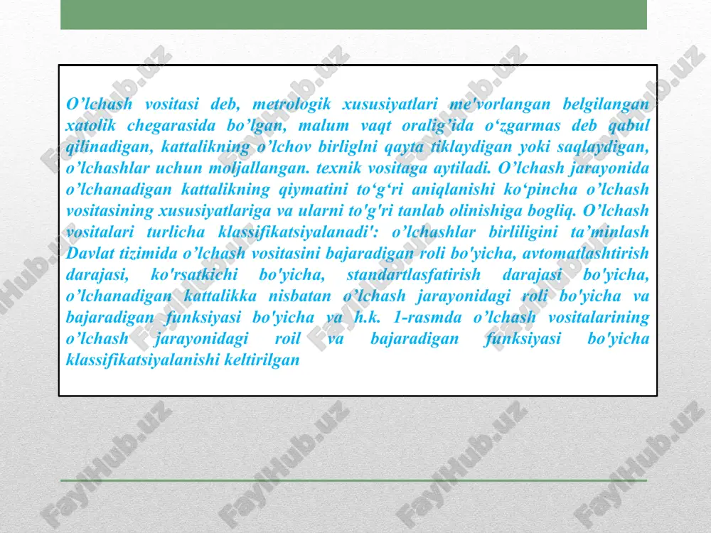i) uchun qulay ko’rinishli shaklda o’lchash informatsiyasi signalini ishlab berishga mo’ljallangan o’lchash vositasiga aytiladi. o’lchash asboblari struktura sxemasining turi bo’yicha (o’lchash vositasida oichash informatsiyasi signalini o‘zgartirish ketma-ketligini ifodalovchi sxema) bevosita ta’sirdagi. (baholaydigan) va solishtirib o’lchaydigan asbobiarga bolinadi. analogli asboblar. analogli asboblarda ularning ko‘rsatishi o’lchanadigan kattalikning uzluksiz o‘zgarish funksiyasiga bog’liq boladi. analogli asboblar yuqori tezkoriikka ega, bundan tashqari, asbobning ко‘rsatishi bo‘yicha o’lchanadigan kattalikning o‘zgarishi (raqamliga qaraganda) psixologik jihatdan oson qabul qilioadi (kuzatiladi). lekin, analogli (asosan, strelkali) asbobiaming aniqligi uning shkalasi bo‘yicha kuzatish xatoligi bilan cheklanadi (bu yerda xatolik odatda 0,05-0,1 % dan kichik bo‘lmaydi) raqamli asboblar. raqamli o’lchash asbobi deb, o’lchash borasida uzluksiz o’lchanayotgan kattalikning natijasi raqamli qayd etish qurilmasida yoki raqamlarrii yozib boruvchi qurilmada diskret tarzda o‘zgartirilib, indikatsiyalanadigan asboblarga aytiladi. e’tiboringiz uchun raxmat ! image2.png image3.png image4.png image5.png image6.png