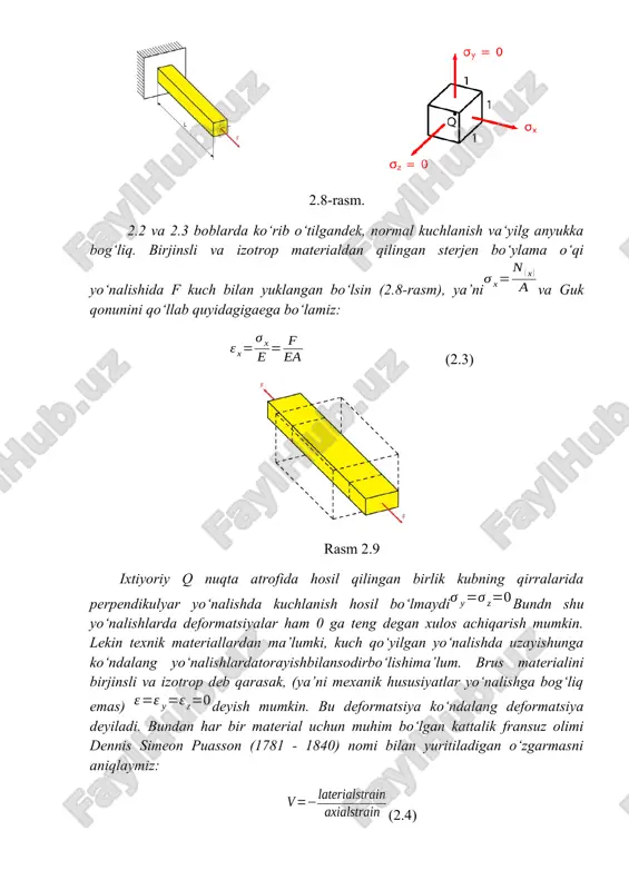 ga egabo‘lishiga ahamiyat bering. oddiy konstruksion materiallar uchun (po‘lat, latun, alyuminiyvax.k.). puasson koeffitsienti 0,2÷0,3 oralig‘idao‘zgaradi. yuqoridagilarni va guk qonunini hisobga olib, quyidagi formulaga ega bo‘lamiz: ε x= σ x e = f ea va ε y=ε z= vσ x e =− vf ea (2.6) 2.10-rasm. shunday materiallar mavjudki, ular manfiy puasson koeffitsientiga ega. bu materiallar katakchali materiallardir (penoplast, sotoplastlar). bunday materiallar strukturasi 2.10-rasmda ko‘rsatilgan1. agarda sterjen uzunligi bo‘yicha n yoki ko‘ndalang kesim f o‘zgaruvchan bo‘lsa, sterjen o‘qidagi ko‘chishlarni aniqlashda δl=∑ i=1 k ∫ ( i1) ndz ef (5.1) formuladan foydalaniladi. bu erda sterjen k oraliqlarinig soni, ℓi – uzunligi. n,f oraliq davomida o‘zgarmas bo‘lsa (5.1) qo‘yidagi ko‘rinishni qabul qiladi: δl=∑ i=1 k n i⋅li e⋅f i (5.2) 1 roland janco, branislav hucko. introduction to mechanics of materials-slovak. part i. 2013.pages 38-40 masala5.1.sterjenkesimlaridagiko‘chishlaraniqlansin (5.2-rasm). 5.2-rasm e1f1=ef, e2f2=2ef l1=12=1 δl= pl1 e1f1 + pl2 e2f2 = pl ef (1+ 1 2 )= …