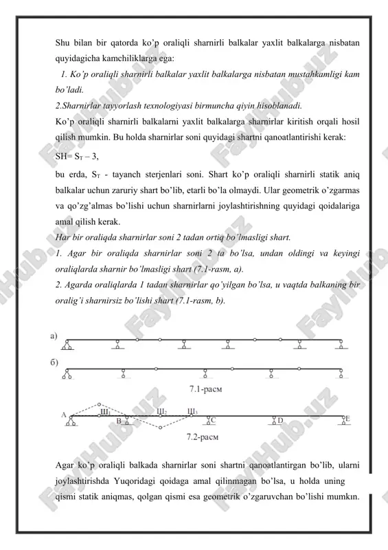 g joylashishi kinematik tahlil qilinadi. 2. balka qismlarining o‘zaro bog‘lanishi, qavatlar tarhi tuzilib, asosiy, yordamchi, osma balkalar belgilab olinadi. 3. hisoblash, ya’ni tayanch reaksiyalarni aniqlash, eguvchi moment va ko‘ndalang kuch epyuralarini qurish osma balkadan boshlanadi. 4. asosiy va yordamchi balkalar uchun eguvchi moment va ko‘ndalang kuch epyuralarini chizishda unga qo‘yilgan tashqi yuklar qatorida, uning uchlariga tayangan osma balkalarning tayanch reaksiyalari teskari yo‘naltirib hisobga olinadi. 5. asosiy, yordamchi va osma balkalarning eguvchi moment va ko‘ndalang kuch epyuralari chizilgandan so‘ng ular bir koordinatalar sistemasiga keltirilib, ko‘p oraliqli balka uchun umumiy eguvchi moment va ko‘ndalang kuch epyuralari quriladi va tekshiriladi statik aniq tekis fermalar. umumiy tushunchalar. ferma xaqida tushuncha. sharnirlar vositasida bir-biri bilan tutashtirilgan to'g`ri chiziqli sterjenlardan tashkil topgan geometrik o'zgarmas konstruktsiya ferma deb ataladi. agar fermaning barcha sterjenlari bir tekislikda joylashgan bo'lsa, bunday ferma tekis ferma deyiladi. ferma sterjenlarining uchlarini tutashtiruvchi nuqtalar (sharnirlar) ferma tugunlari deb ataladi. agar tayanch reaksiyalarni va ferma …