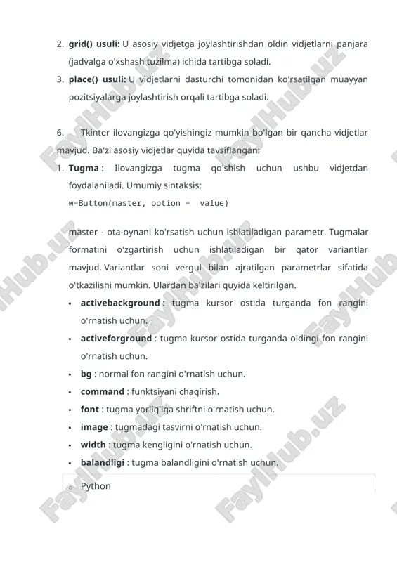 belgilash uchun. 0. height : vidjet balandligini o'rnatish uchun. · python from tkinter import * master = tk() w = canvas(master, width=40, height=60) w.pack() canvas_height=20 canvas_width=200 y = int(canvas_height / 2) w.create_line(0, y, canvas_width, y ) mainloop() chiqish: 1. tekshirish tugmasi: foydalanuvchiga bir nechta variantlarni almashtirish tugmalari sifatida ko'rsatish orqali istalgan sonli variantlarni tanlash. umumiy sintaksis: w = tekshirish tugmasi (asosiy, variant = qiymat) ushbu vidjet formatini o'zgartirish uchun ishlatiladigan bir qator variantlar mavjud. variantlar soni vergul bilan ajratilgan parametrlar sifatida o'tkazilishi mumkin. ulardan ba'zilari quyida keltirilgan. 1. title : vidjet sarlavhasini o'rnatish uchun. 1. activebackground : vidjet kursor ostida boʻlganda fon rangini oʻrnatish uchun. 1. activeforground : vidjet kursor ostida boʻlganda oldingi fon rangini oʻrnatish uchun. 1. bg : normal fon rangini o'rnatish uchun. 1. command : funktsiyani chaqirish. 1. font : tugma yorlig'iga shriftni o'rnatish uchun. 1. image : vidjetda tasvirni oʻrnatish uchun. · python from tkinter import …