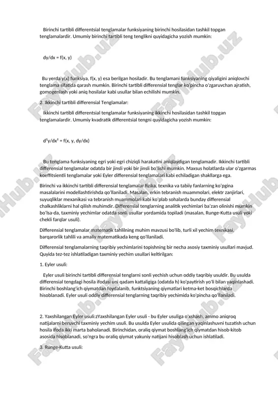 esa, bir nechta nuqtalarda, odatda, noma'lum funktsiyaning qiymatlari yoki uning hosilalari domen chegaralarida ko'rsatilgan shartlar bilan bir qatorda differentsial tenglamani qanoatlantiradigan echimni topishga intiladi. 4. yechimlarning mavjudligi va o‘ziga xosligi: differensial tenglamalarni o'rganishda asosiy savollardan biri berilgan tenglama va boshlang'ich yoki chegaraviy shartlar uchun yechim mavjudmi yoki yo'qmi. lipschitz sharti yoki peano mavjudligi teoremasi kabi muayyan sharoitlarda yechim mavjudligi kafolatlanishi mumkin. yagonalik deganda berilgan shartlarni qondiradigan yagona yechim mavjudligi xossasi tushuniladi. picard-lindelöf teoremasi ma'lum turdagi differensial tenglamalar uchun yechimlarning yagonaligini o'rnatadigan taniqli natijadir. 5. barqarorlik va muvozanat: differensial tenglamalar kontekstida barqarorlik vaqt o'tishi bilan echimlarning xatti-harakatlarini anglatadi. barqaror yechim chegaralangan bo'lib qoladi va vaqt o'tishi bilan ma'lum bir qiymat yoki qiymatlar to'plamiga yaqinlashadi. noma'lum funksiyaning hosilasi nolga teng bo'lgan yechimlarga muvozanat nuqtalari yoki barqaror holatlar mos keladi. barqarorlik tahlili ko'pincha differensial tenglamalar bilan tavsiflangan tizimning xatti-harakatini aniqlash va tizimning muvozanatga yaqinlashishini yoki undan uzoqlashishini baholash uchun amalga oshiriladi. 6. differensial …